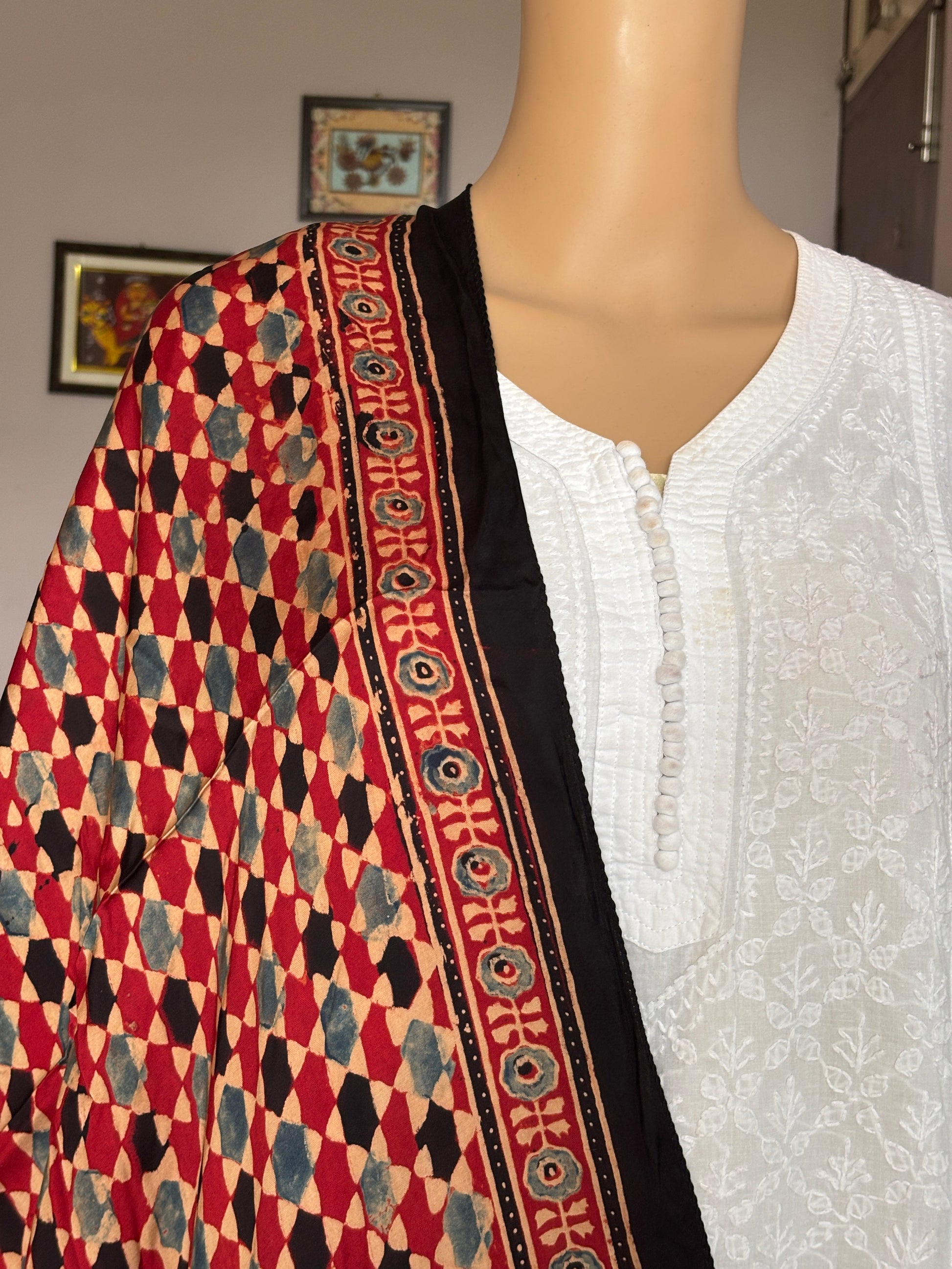 Ajrakh modal stole, red stole, closer view.