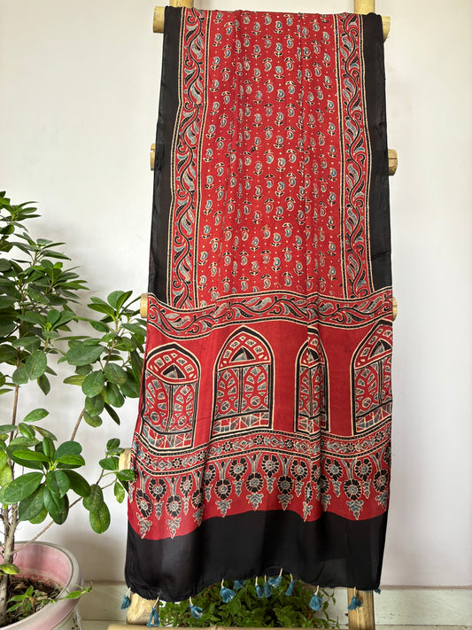 Ajrakh Stole- Natural Dyed Red Colour Small Floral Motif Stole