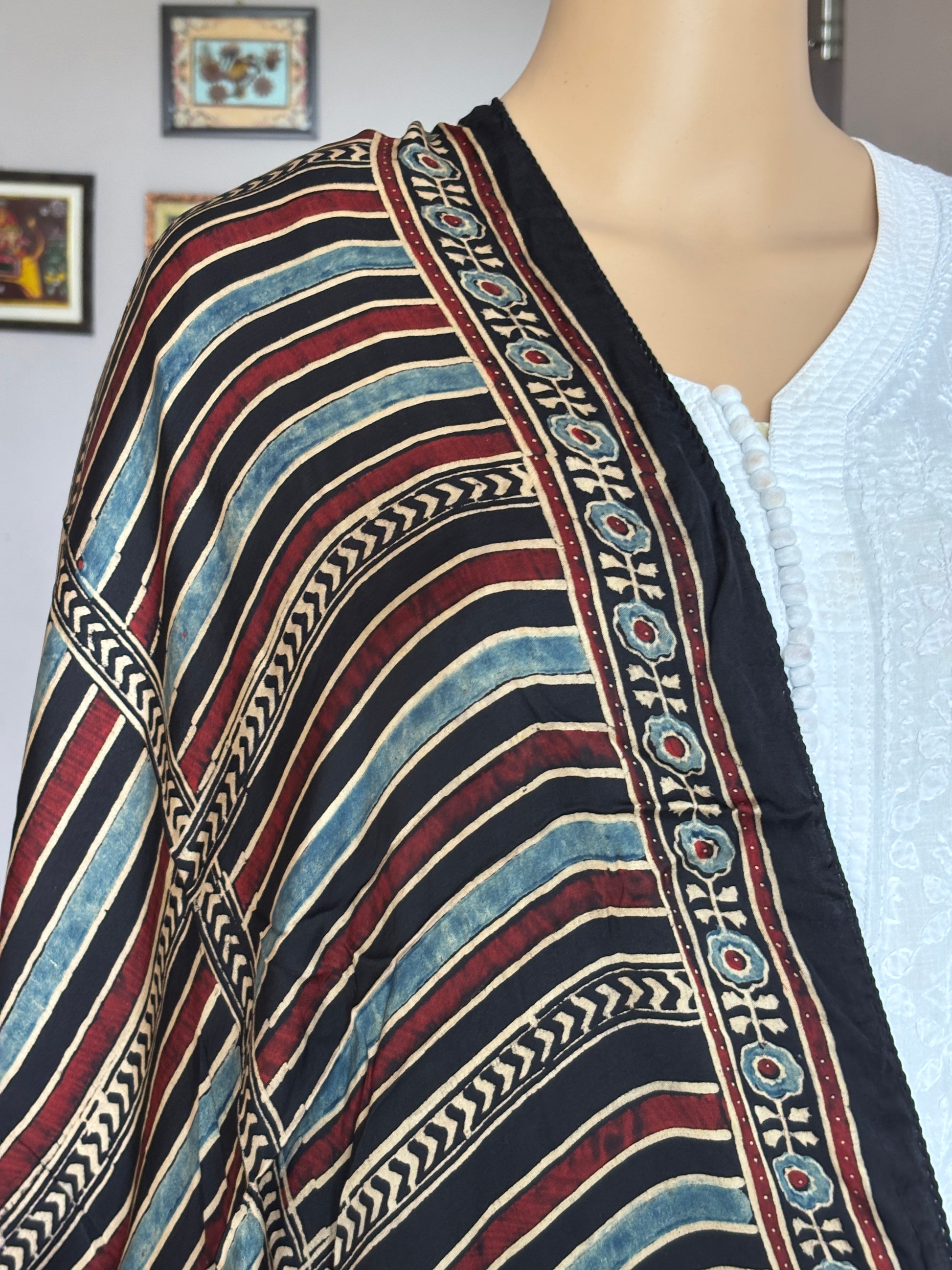 Ajrakh modal stole, black stripe stole, closer view.