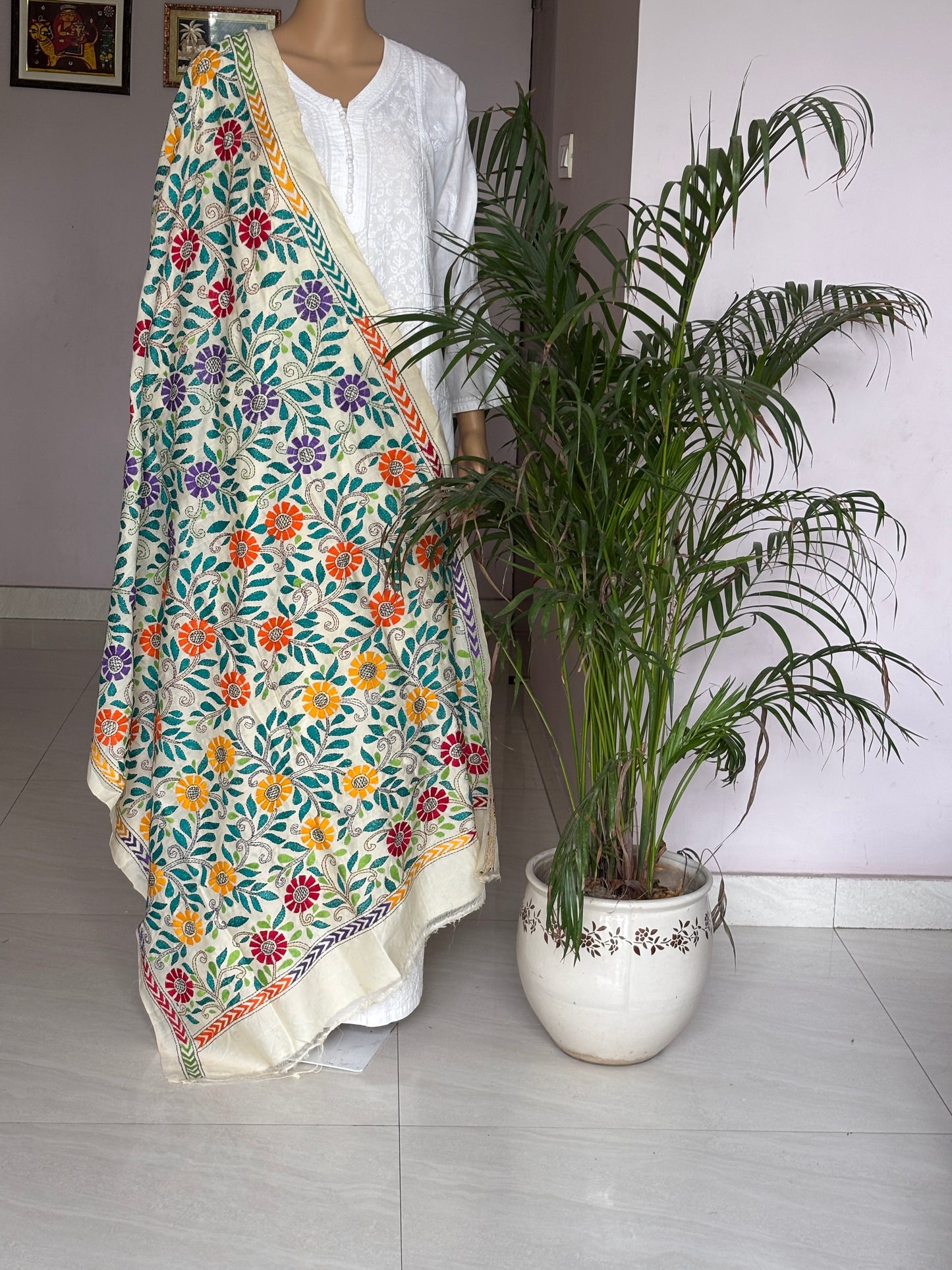 Kantha Hand Embroidered Blended Bangalore Silk Multicolour Floral Dupatta