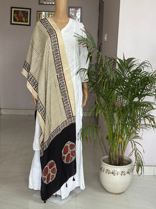 Pale Ivory Natural Dyed Ajrakh Hand Block Printed Contemporary Modal Stole