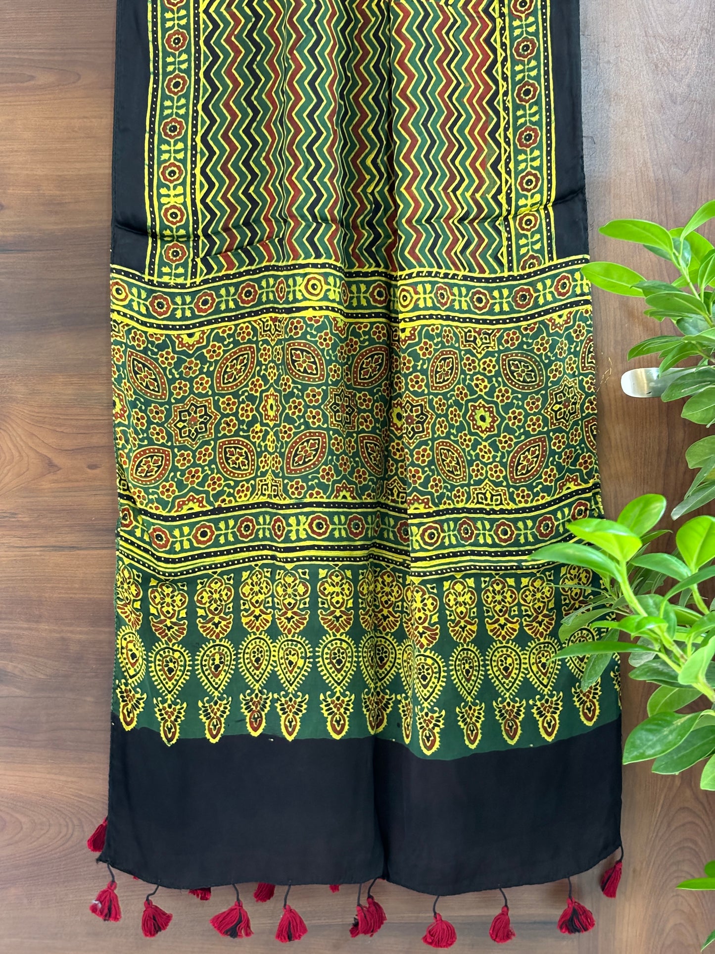 Ajrakh Stole- Green Natural Dyed Contemporary Motif Stoles