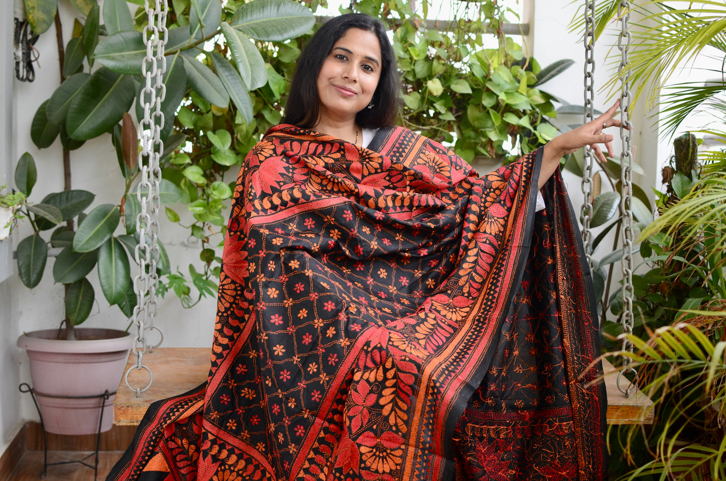 Padma- Hand Embroidered Kantha Stitch Pure Silk Dupatta