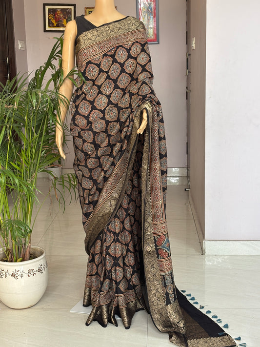 Black and madder Colour  Ajrakh Saree In Dola Silk