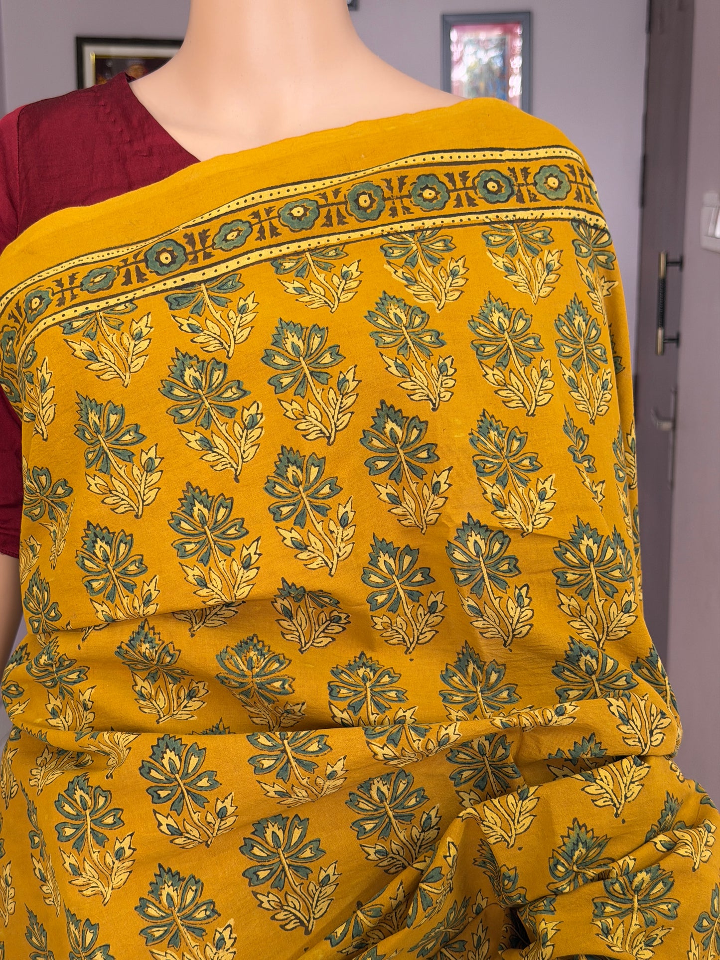 Cotton Ajrakh Hand Block Printed Contemporary Saree