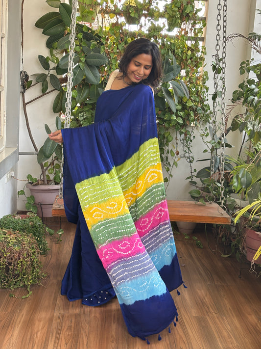 Blue Solid Colour  Semi Modal Saree with Multi Colour Bandhej Palla