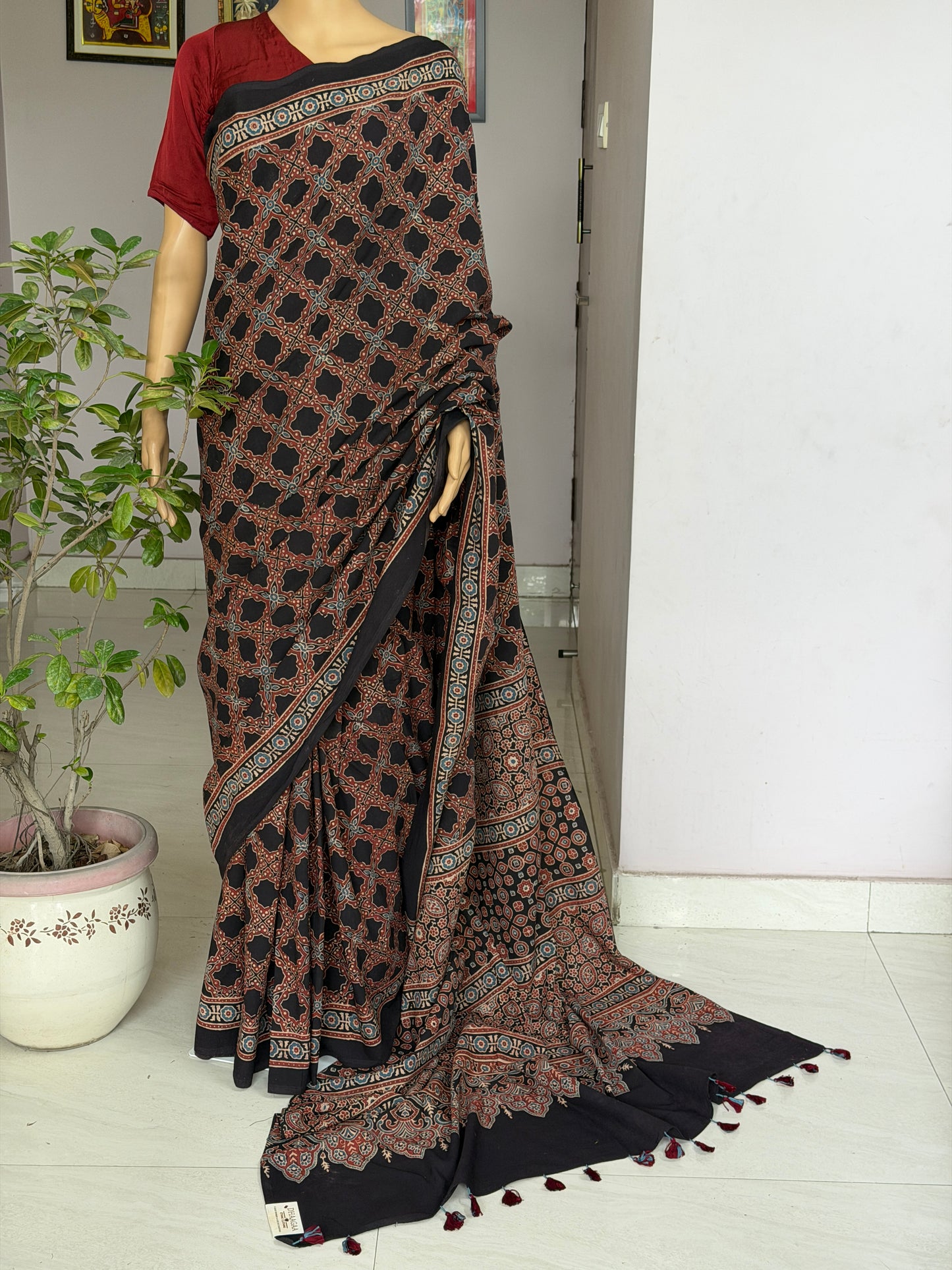 Cotton Ajrakh Hand Block Printed Contemporary Saree