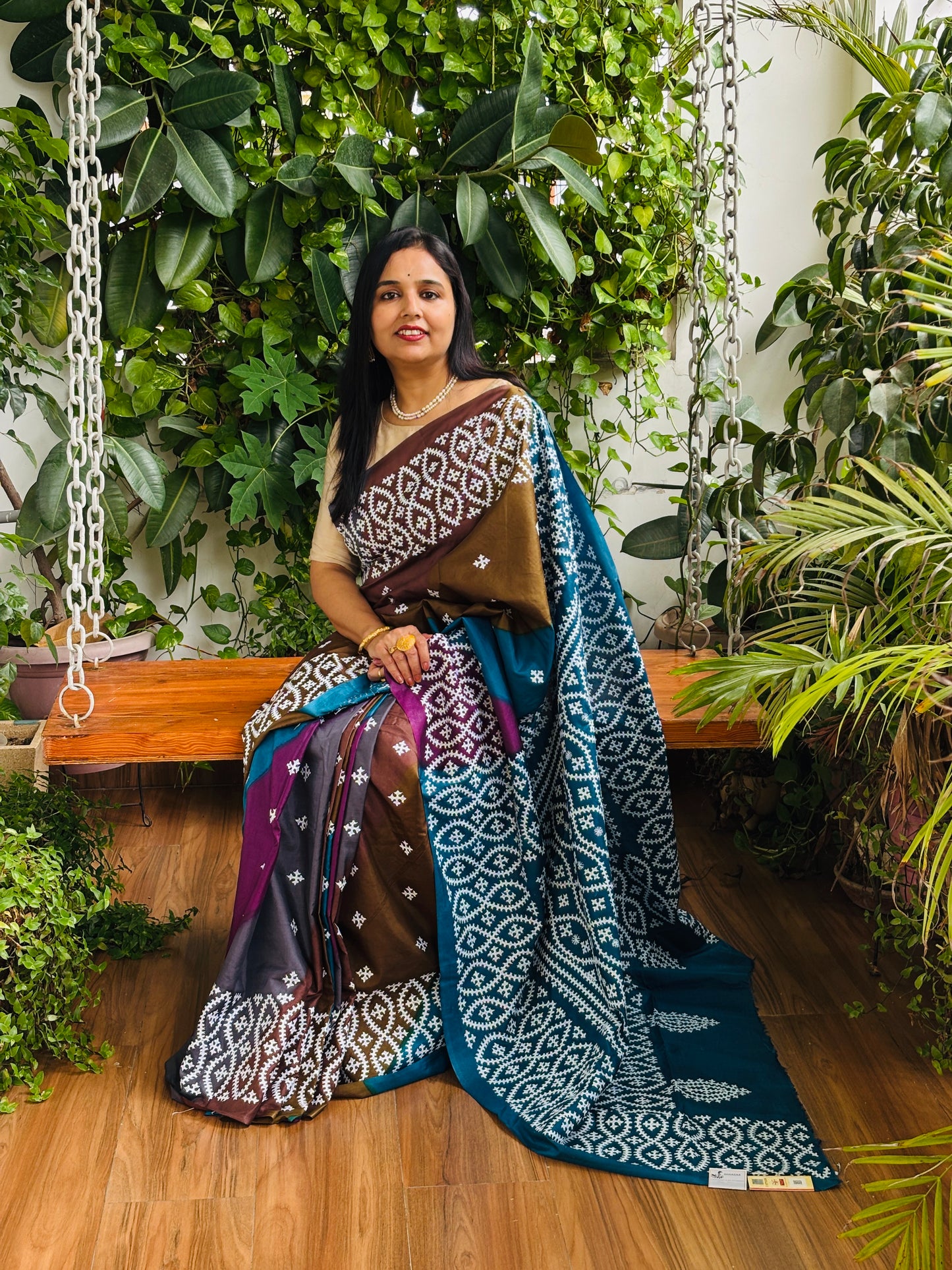 Gujarati Hand Embroidered Pure Bangalore Silk Saree in Multi Colour Tie and Dyed Body and Blue Palla