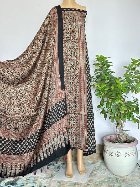 Natural Dyed Ajrakh Black Colour Front Panel with Lotus Motif Shirt and Geometrical Jaal Dupatta