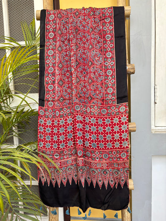 Ajrakh Stole- Natural Dyed Madder Colour Big Ajrakh Motif Stole