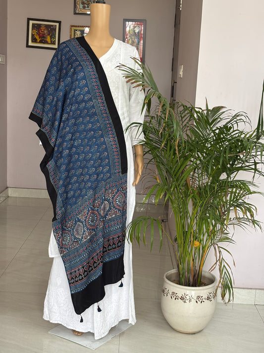 Indigo Colour Natural Dyed Ajrakh Hand Block Printed Leaf Buta Motif Modal Stole