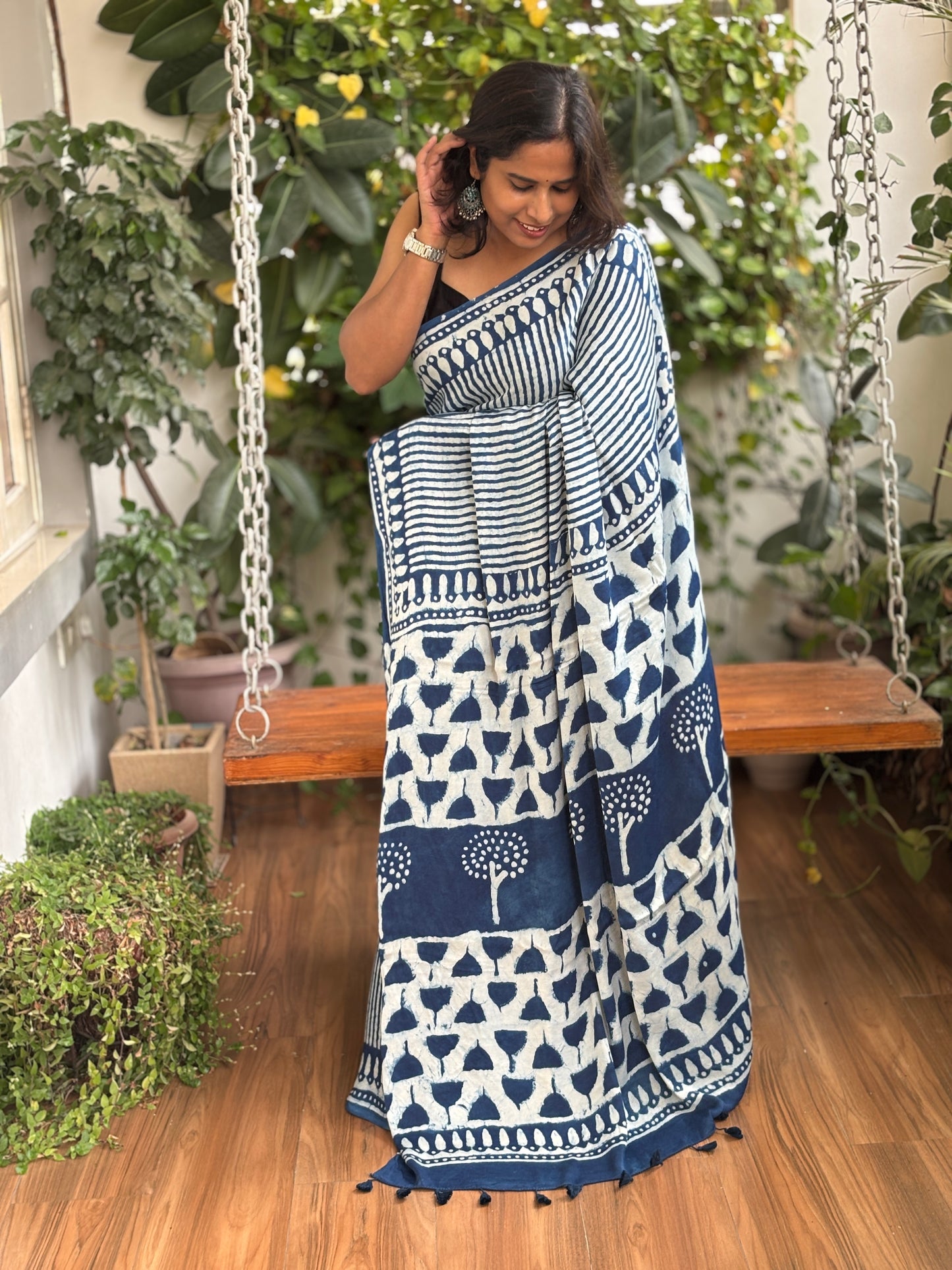 Dabu Hand Block Printed Pure Modal Silk Saree, palla