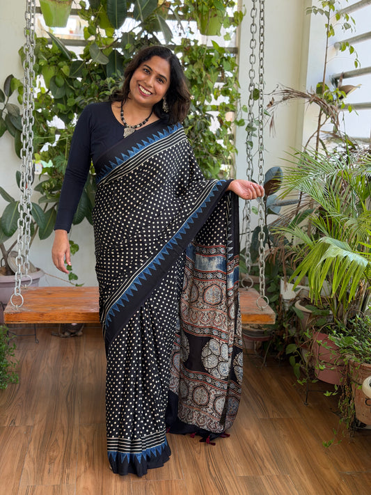 Black Natural Dyed Contemporary Ajrakh Modal Saree