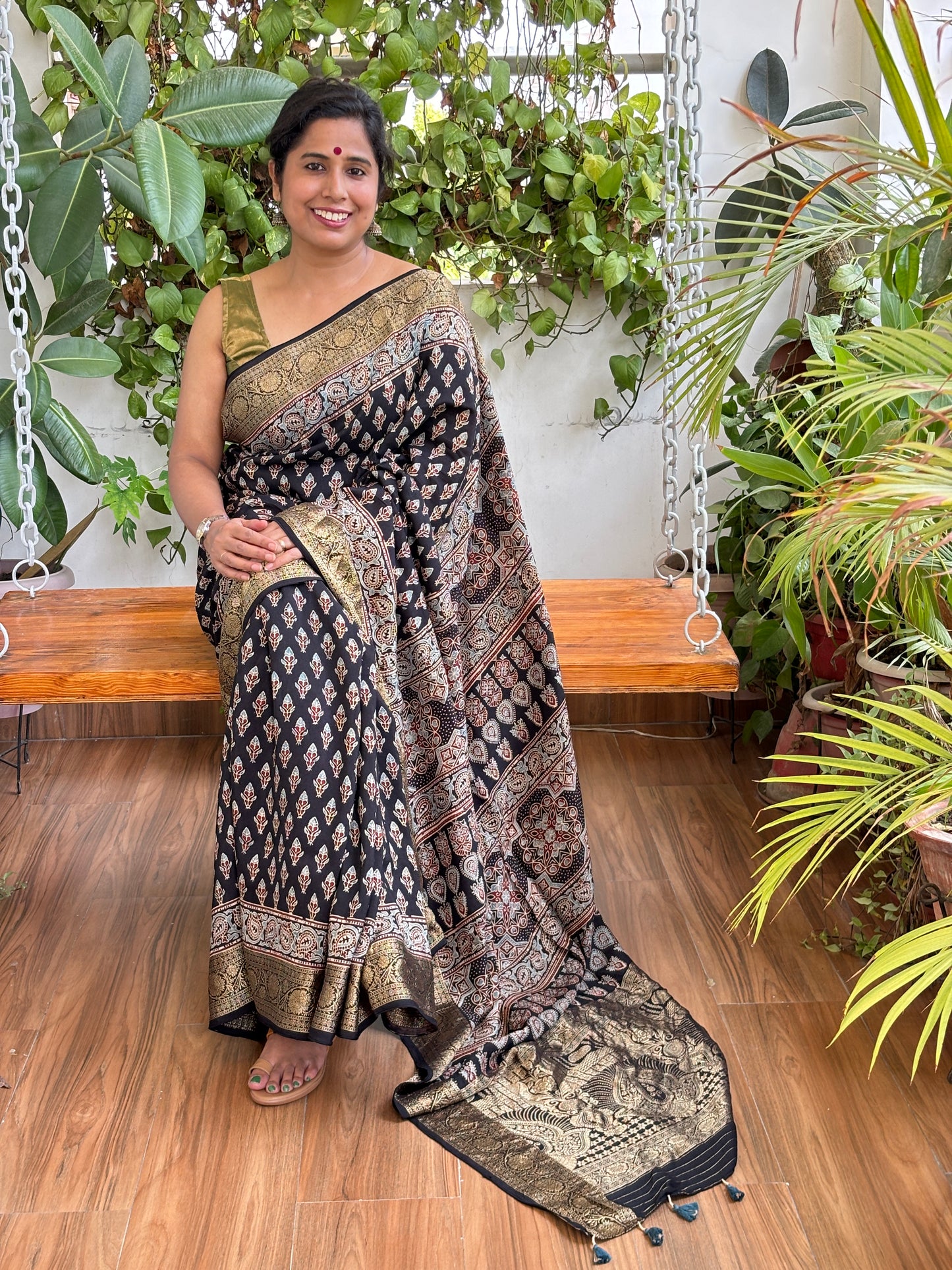 Rat Kali- Natural Dyed Ajrakh Bud Motif Dola Silk Saree