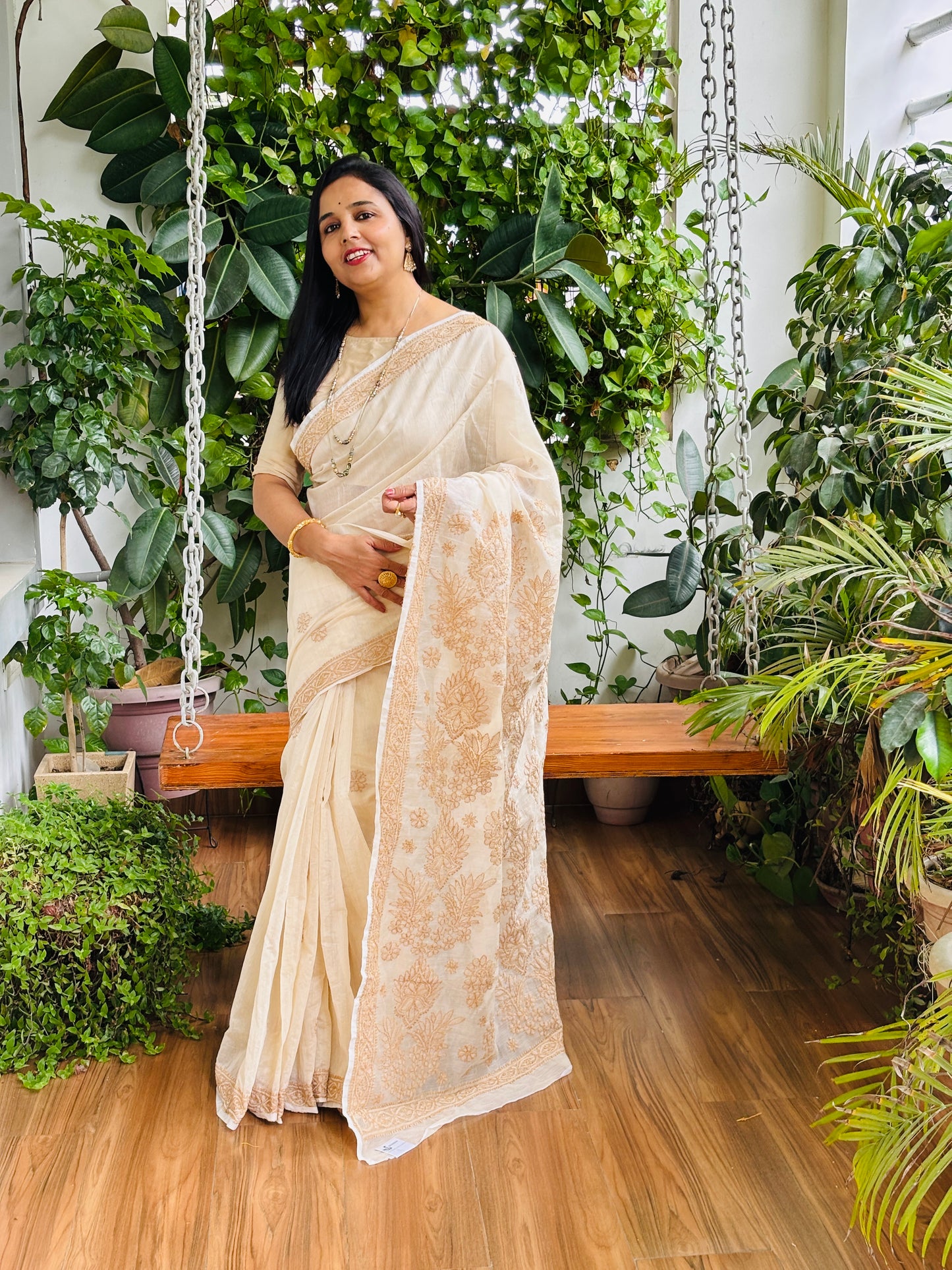 Light Beige Colour Chrushed Candri Cotton Chikankari Hand Embroidered Saree
