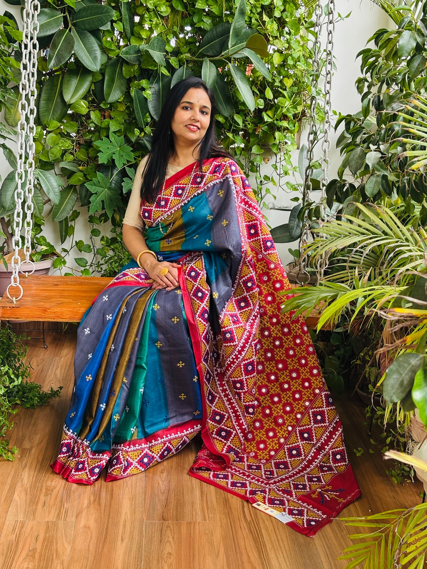 Gujrati Hand Embroidered Pure Tussar Silk Saree in Multi Colour Body and Rust Red Palla