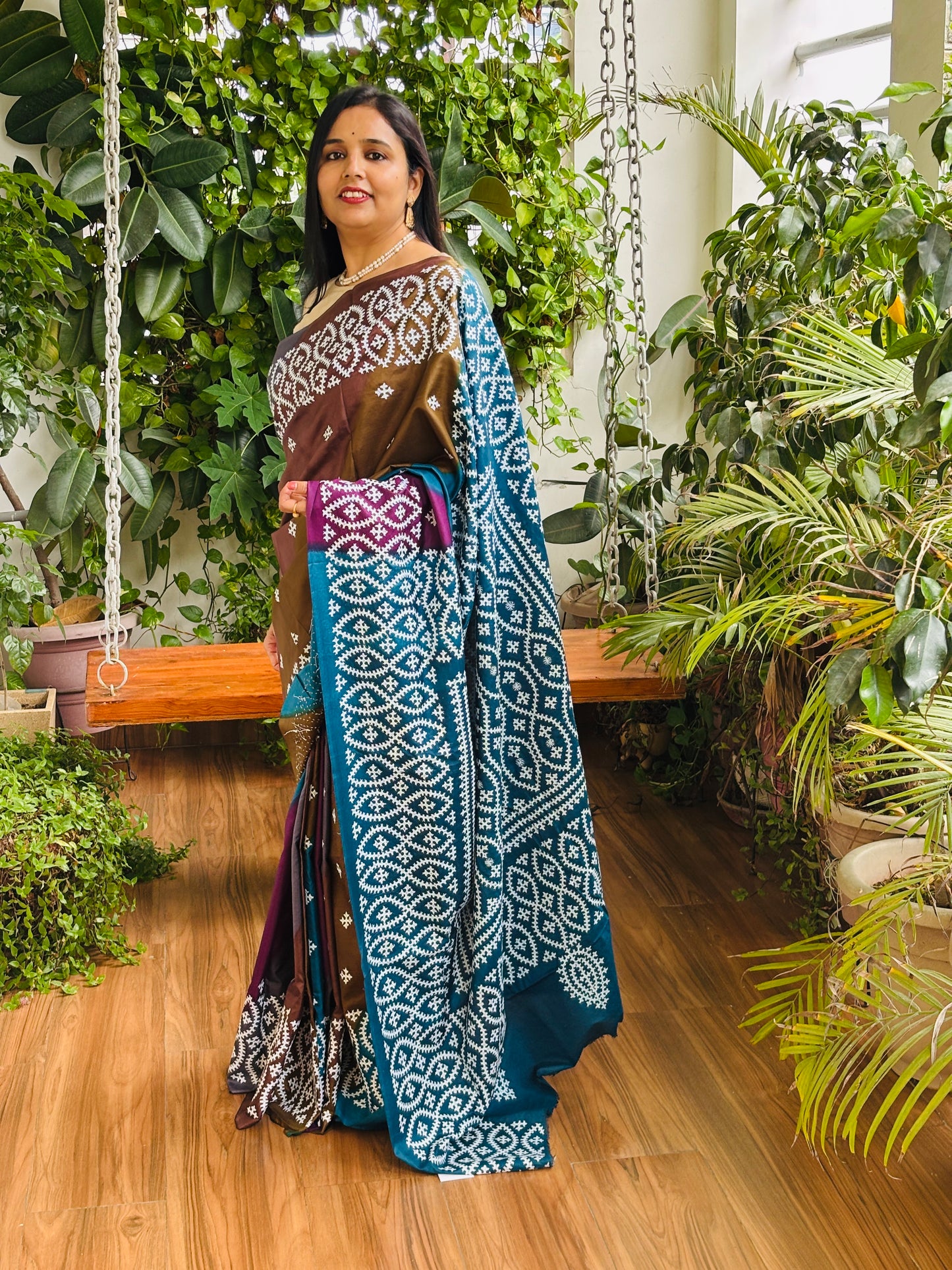 Gujarati Hand Embroidered Pure Bangalore Silk Saree in Multi Colour Tie and Dyed Body and Blue Palla