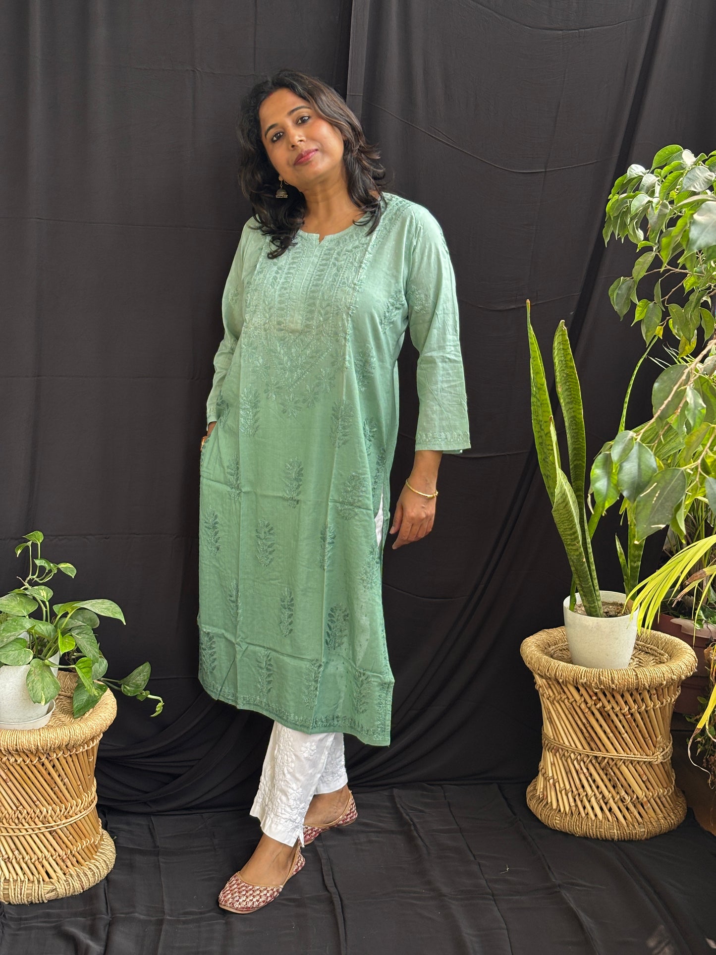 Cotton Chikan Hand Embroidered Ombre Dyed Kurti