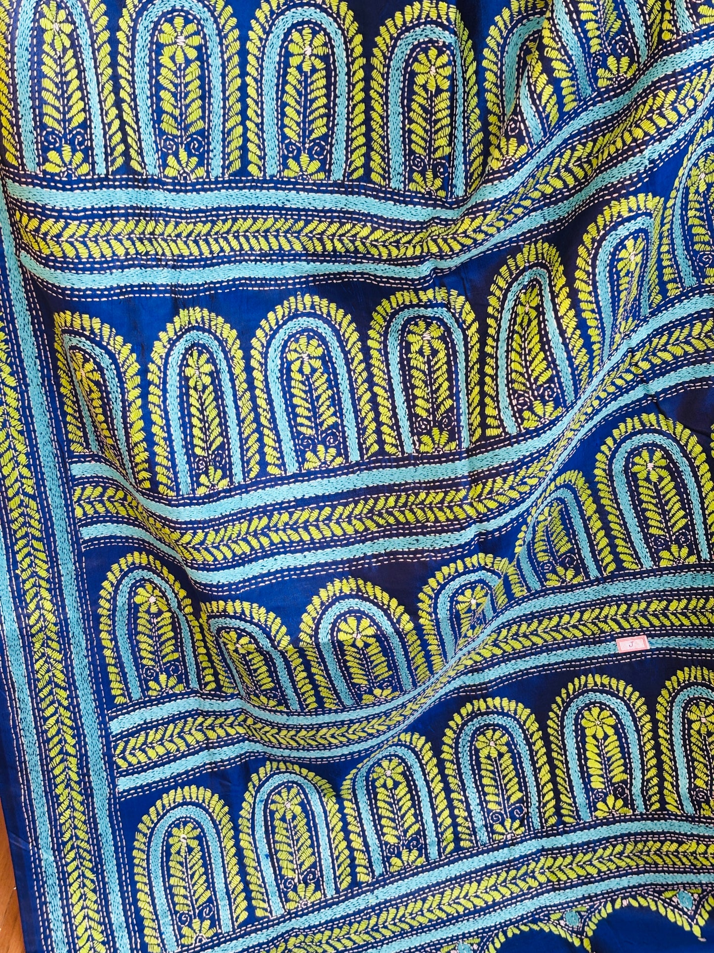 Kantha hand embroidered bangalore silk saree palla view