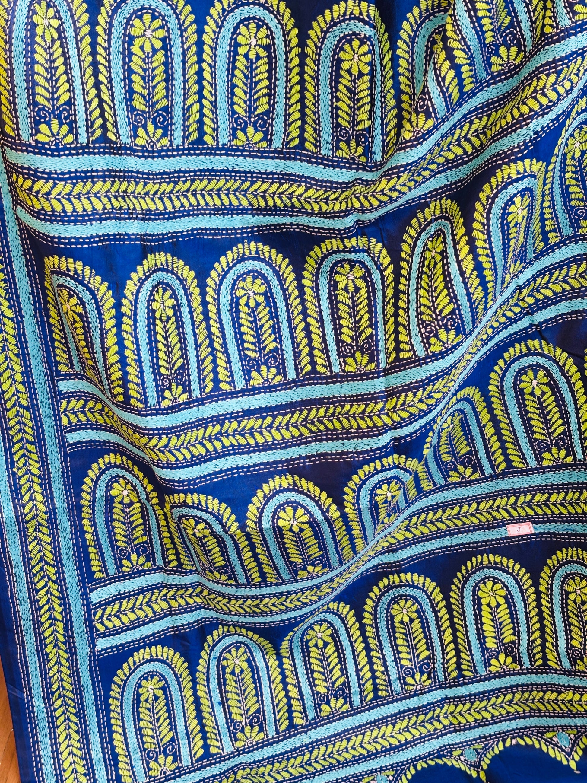 Kantha hand embroidered bangalore silk saree palla view