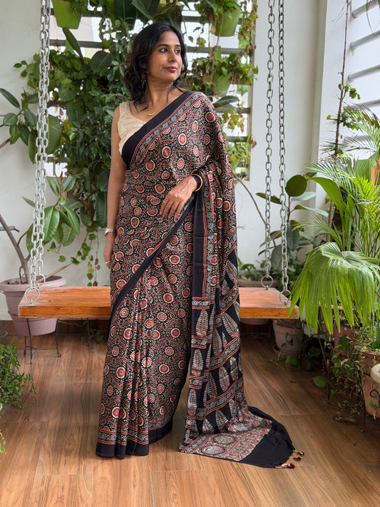 Ajrakh Modal Black Classic Saree