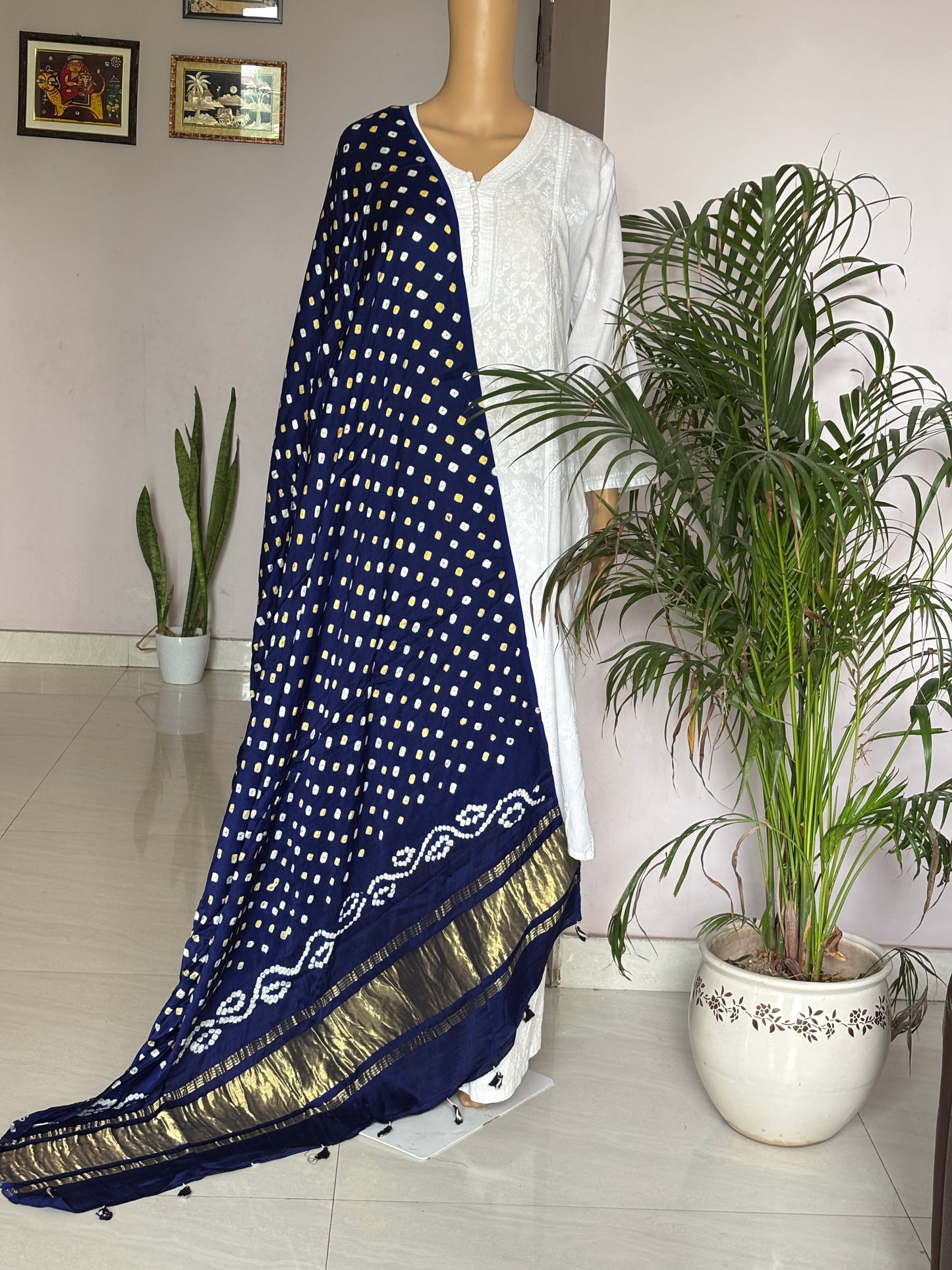 Blue Colour Dupatta with Bandhej and Tissue Palla