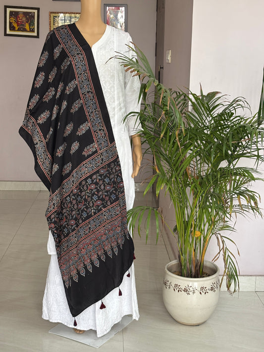 Black Colour Natural Dyed Ajrakh Hand Block Printed Big Buta Modal Stole