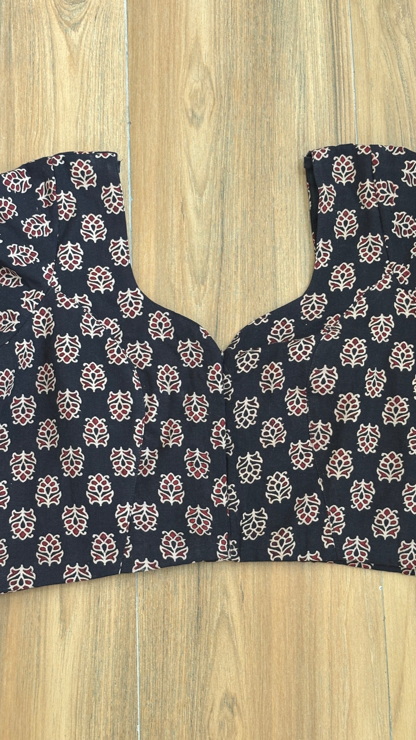 Black Small Floral Motif Cotton Sweetheart Neck Blouse With Cotton Lining -For size chart refer to the last picture