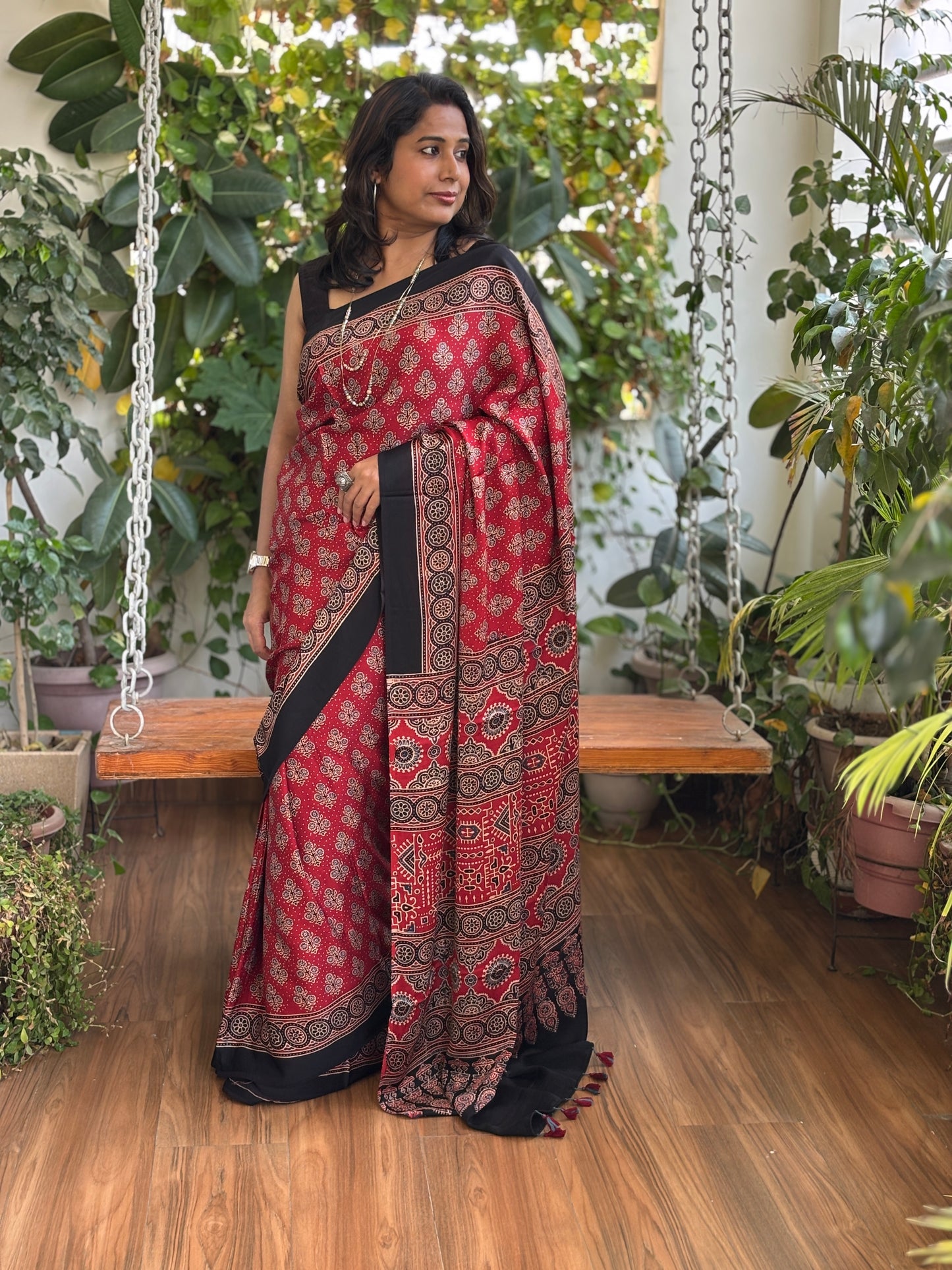 Red Ajrakh Modal Saree, Ajrakh modal saree side view 