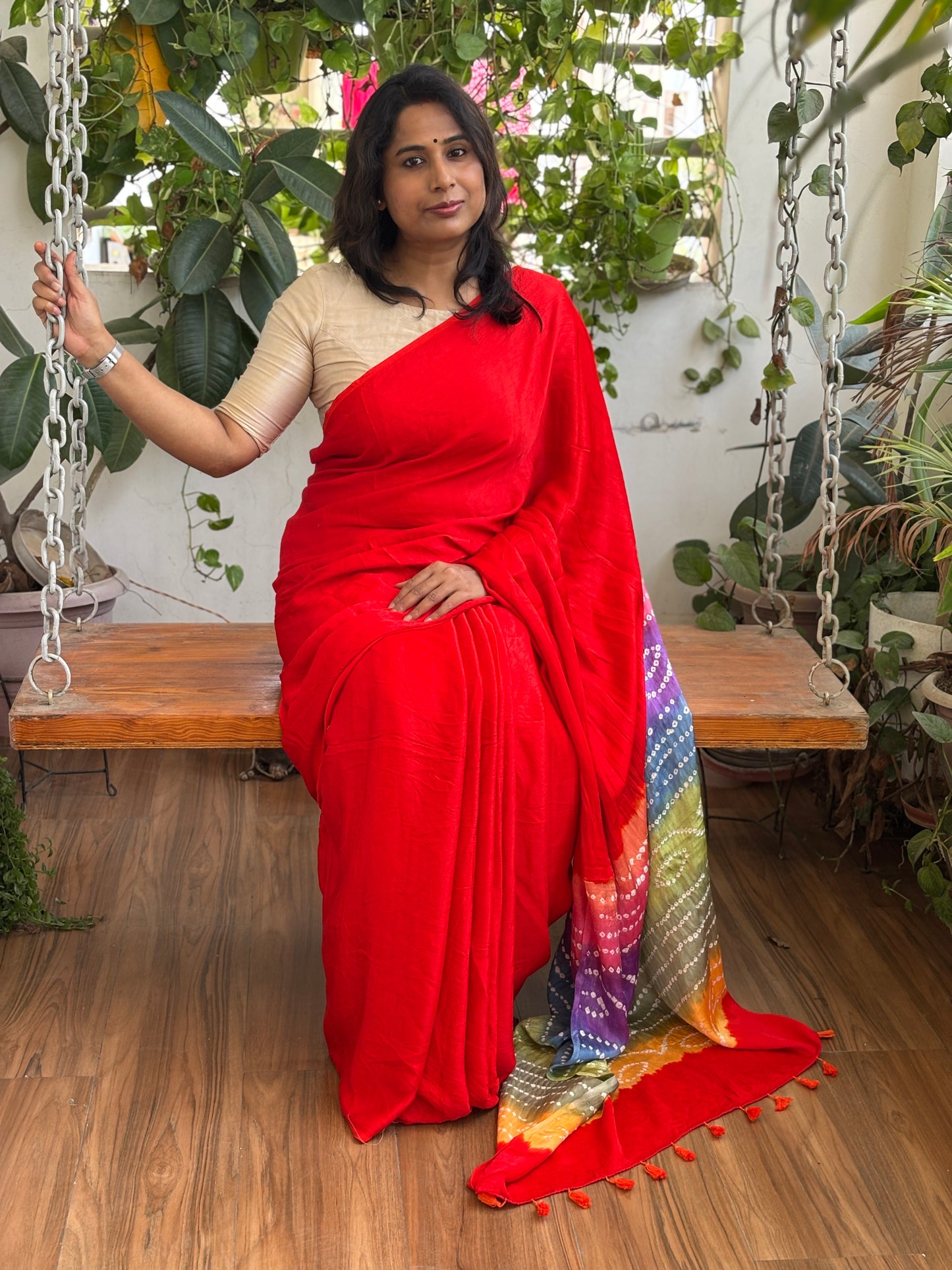 Orange Solid Colour  Semi Modal Saree with Multi Colour Bandhej Palla