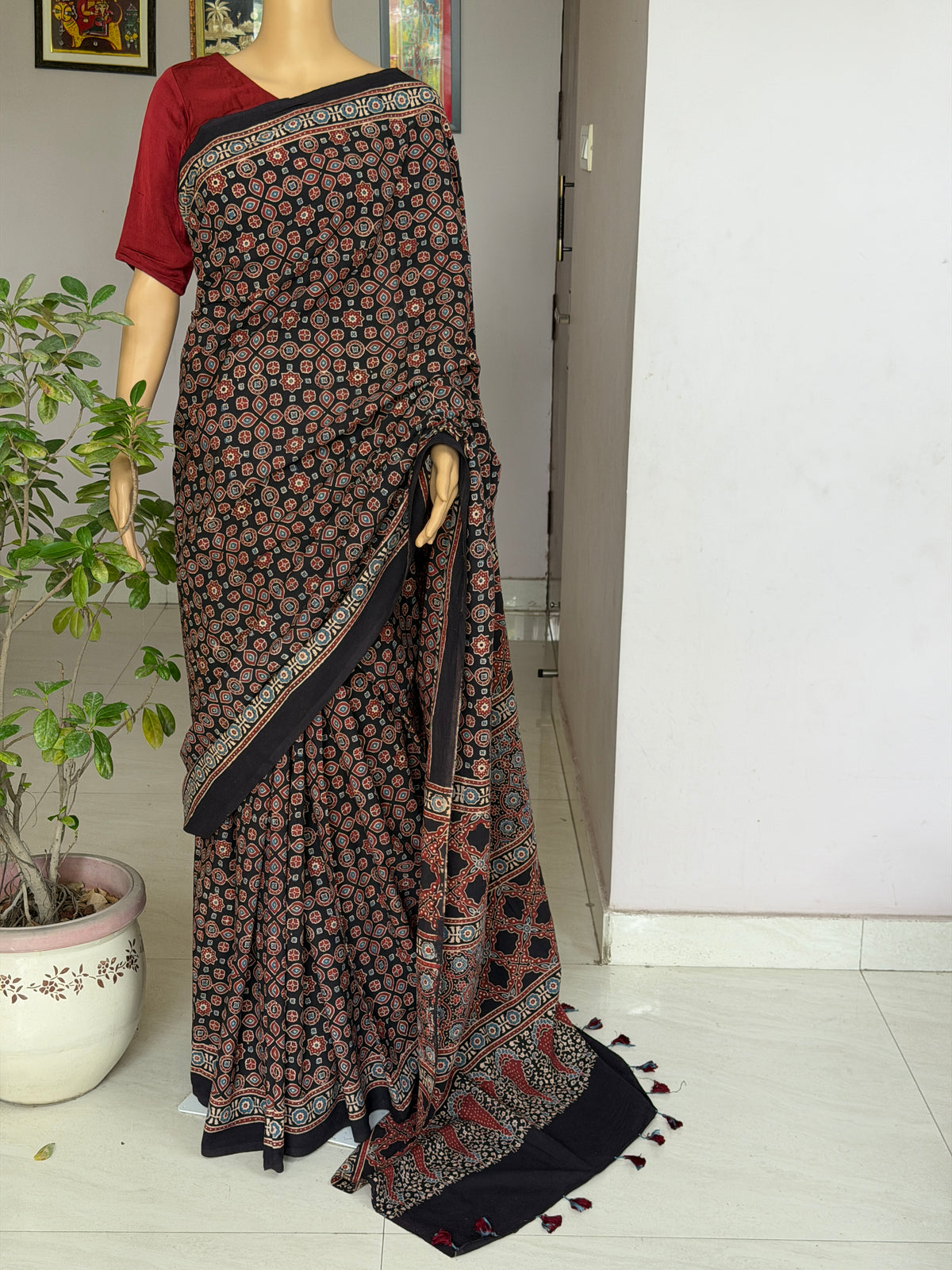 Cotton Ajrakh Hand Block Printed Contemporary Saree