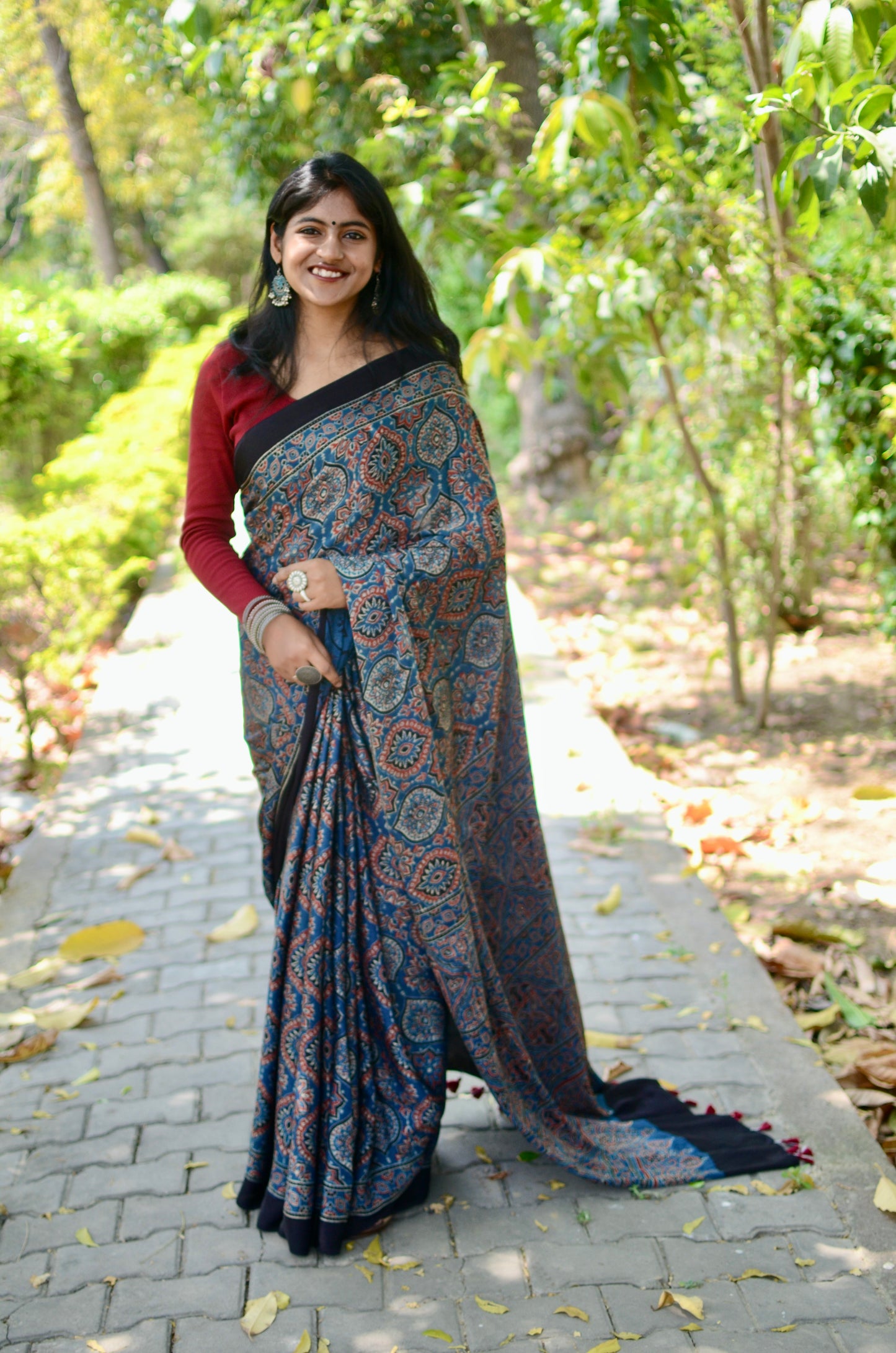 Gagan (Natural Dyed Ajrakh Indigo Conventional Badam Buta Motif Pure Modal Saree)