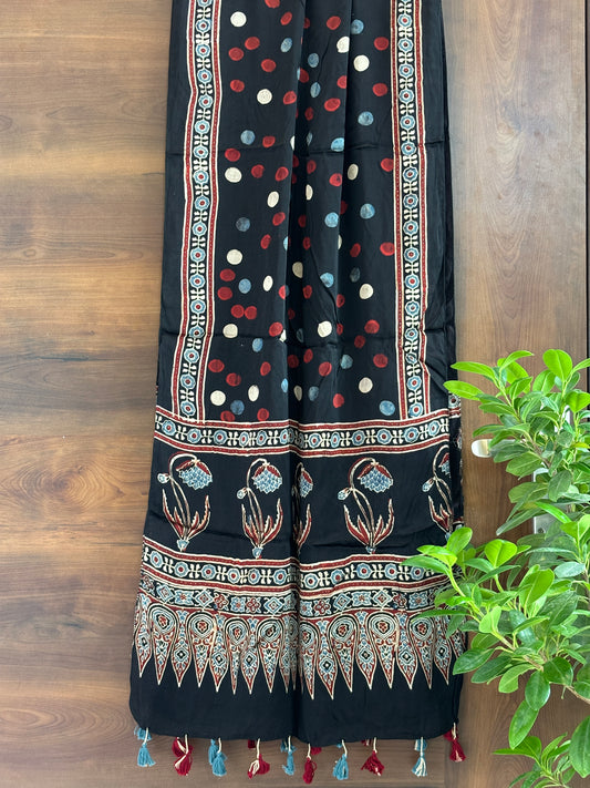 Ajrakh Stole- Black Natural Dyed Contemporary Motif Stole