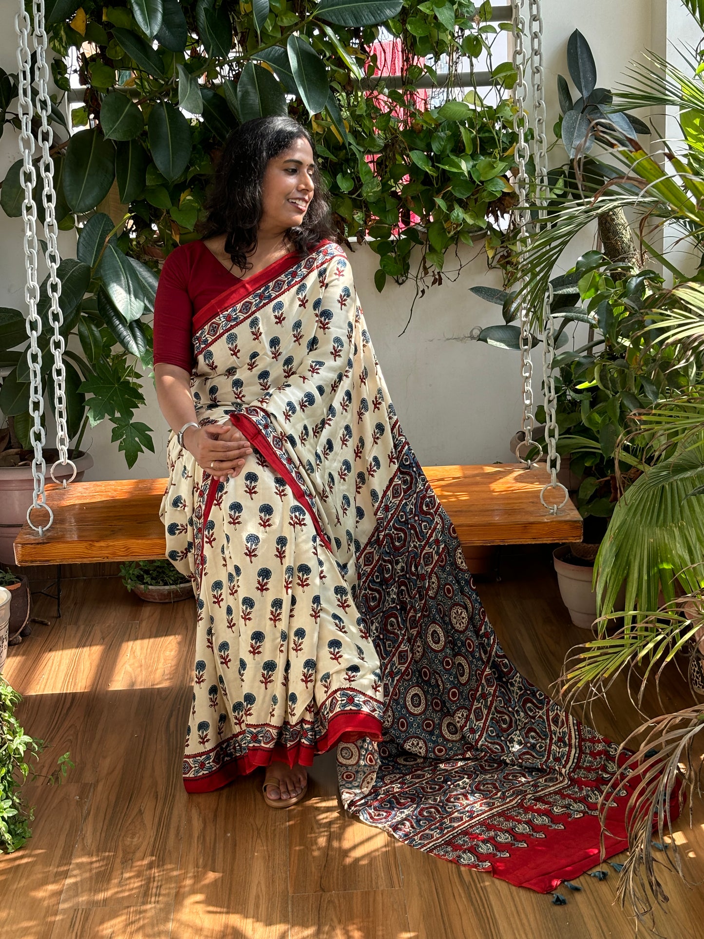 Sada - Natural Dye  Pale Ivory Modal Premium Saree With Indigo Marigold