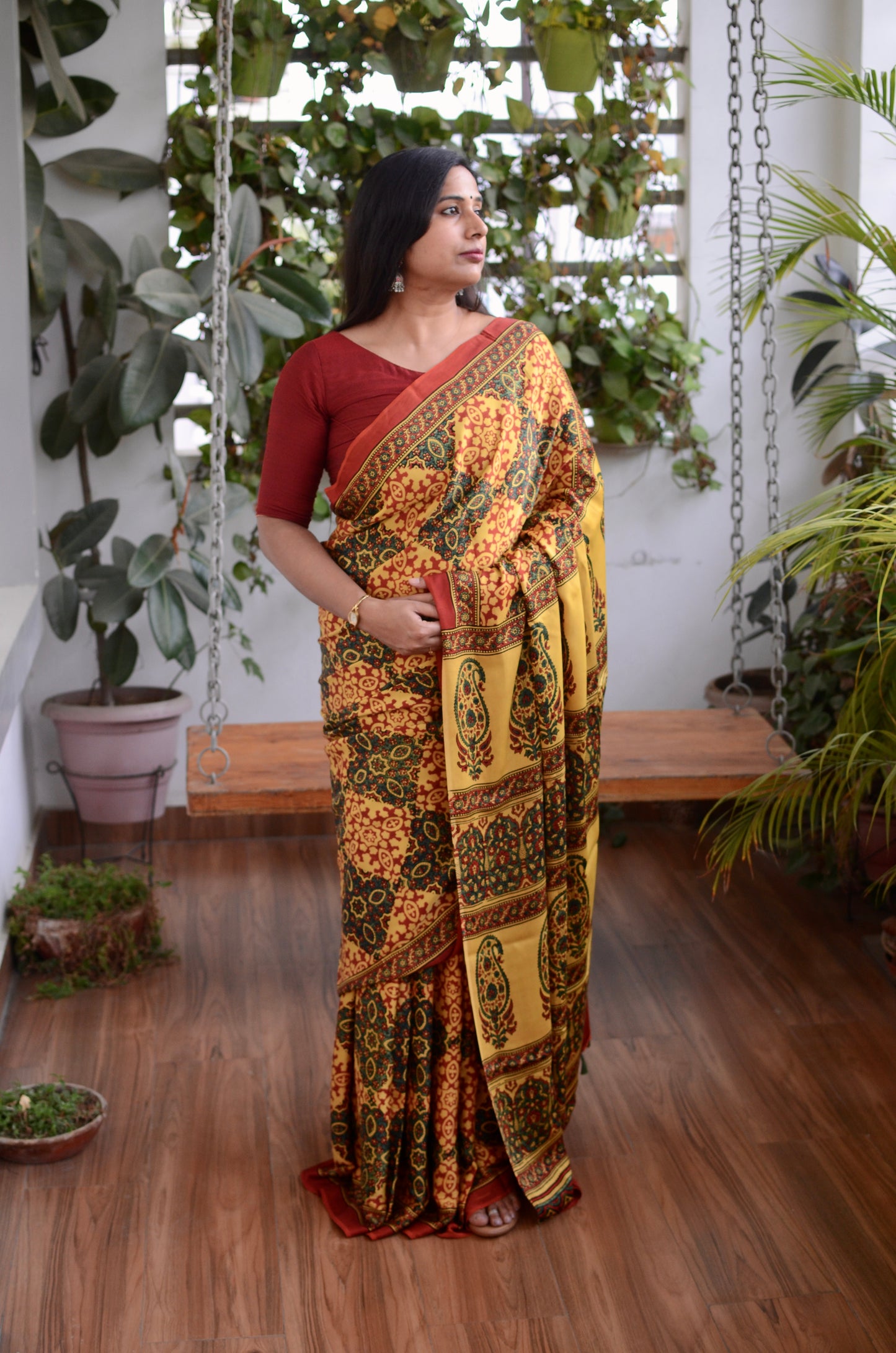 Shagun (Natural Dyed Yellow, Green and Madder Colour Ajrakh Motif Pure Modal Saree)