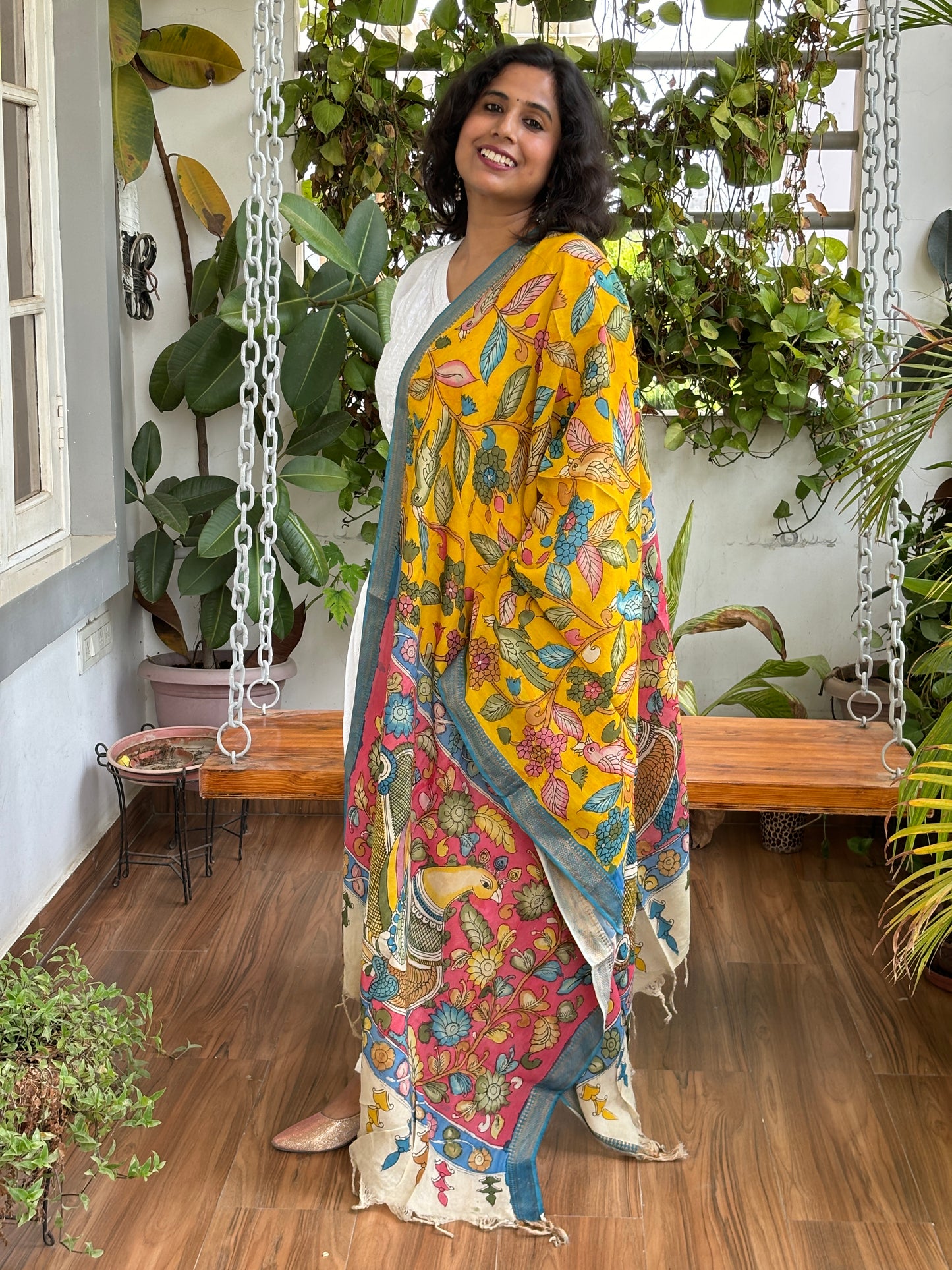 Yellow- Srikalahasti Pen Kalamkari Hand Painted Silk Cotton Dupatta with Zari Weaved Border