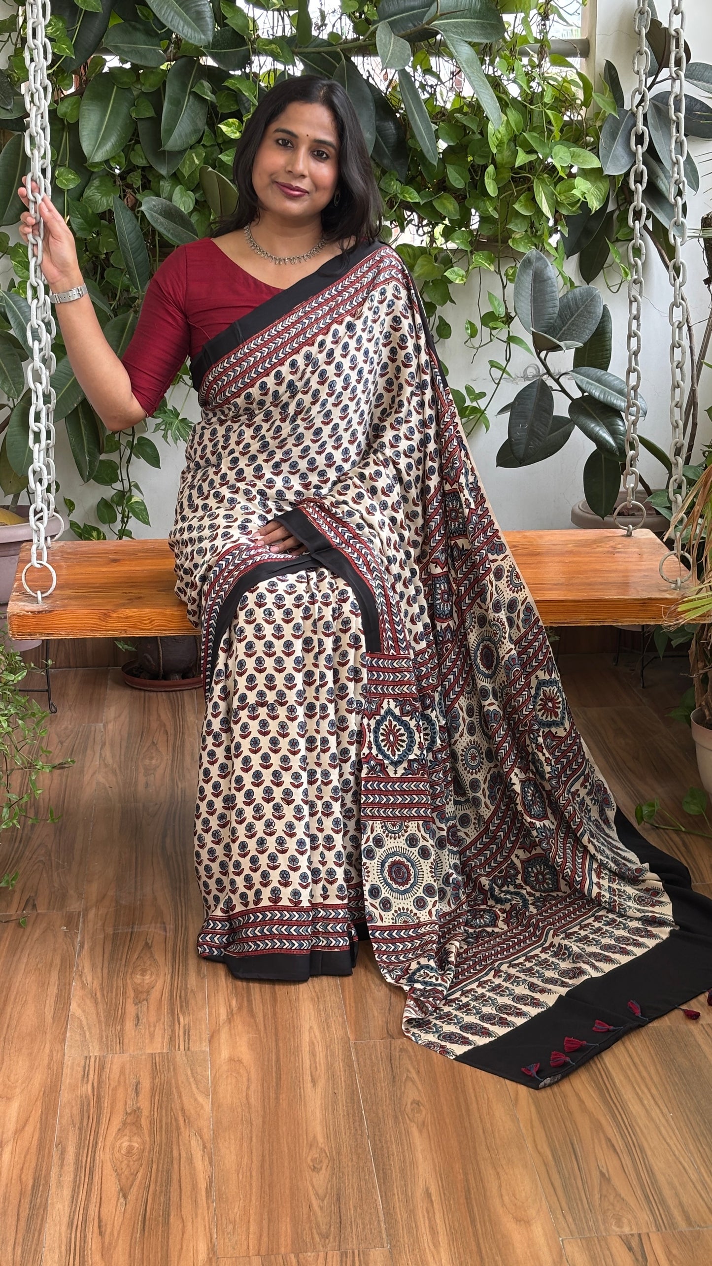 Aayat - Natural Dyed Pale Ivory Colour Ajrakh Hand Block Printed Modal Saree