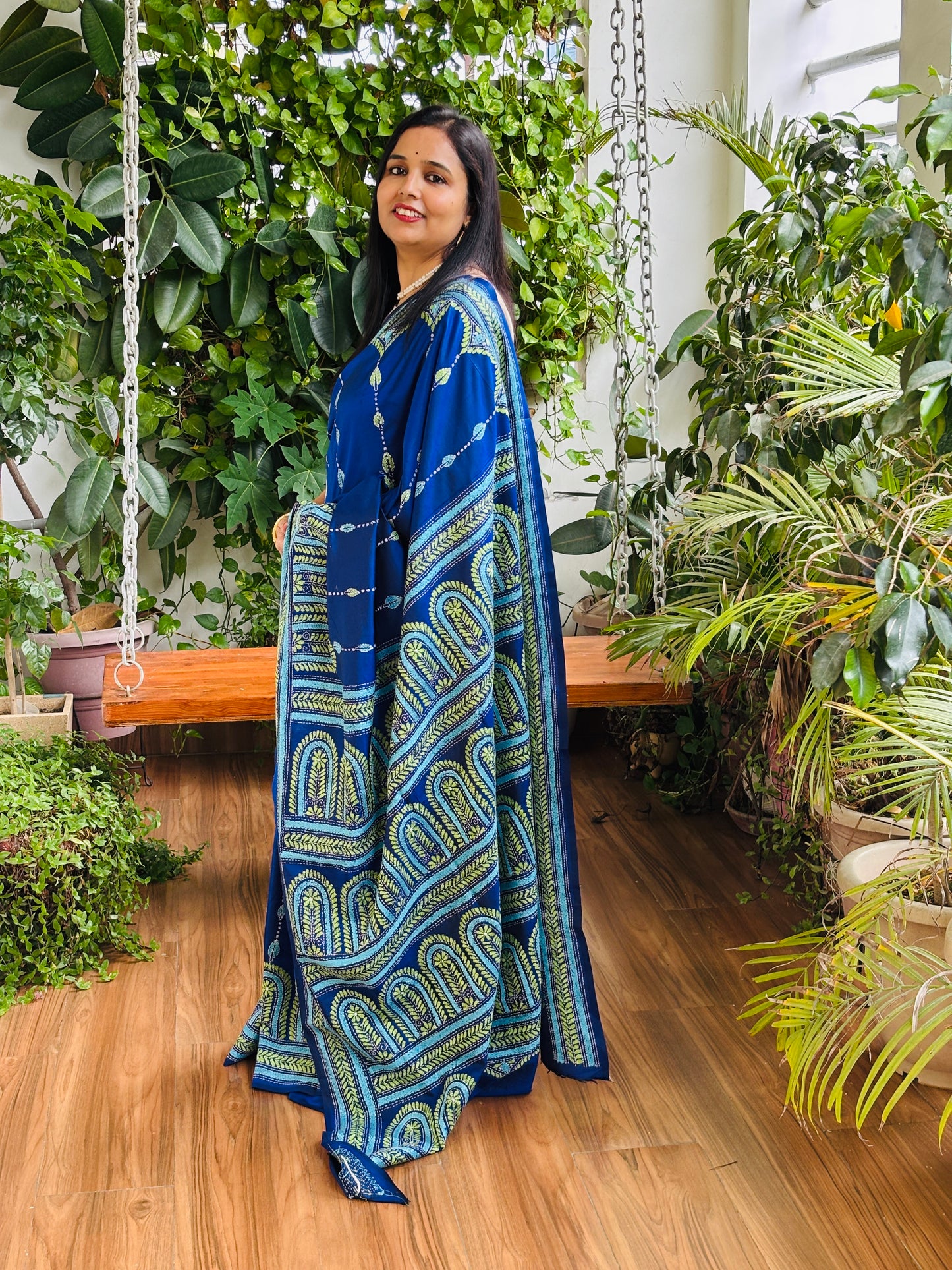 Kantha hand embroidered bangalore silk saree front palla view