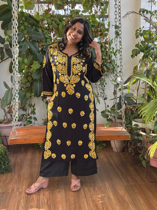 Black and Yellow Chikan Hand Embroidered Rayon Cotton Kurti