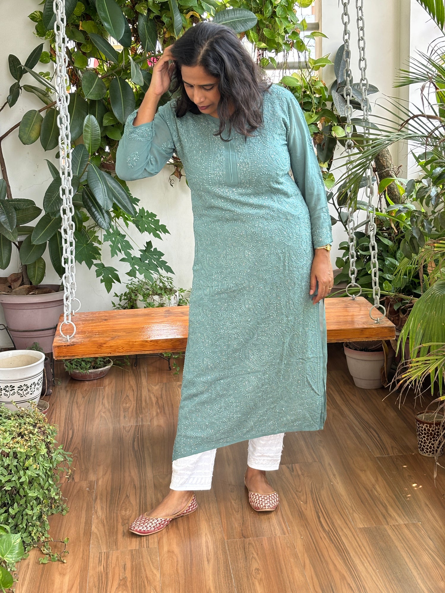 Georgette Resham Dhaga Chikankari Embroidered Kurti with mukhais work down view