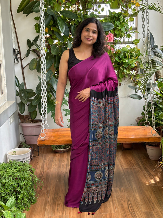 Sudha- Magenta Solid Colur Body With Natural Dyed Indigo Ajrakh Anchal