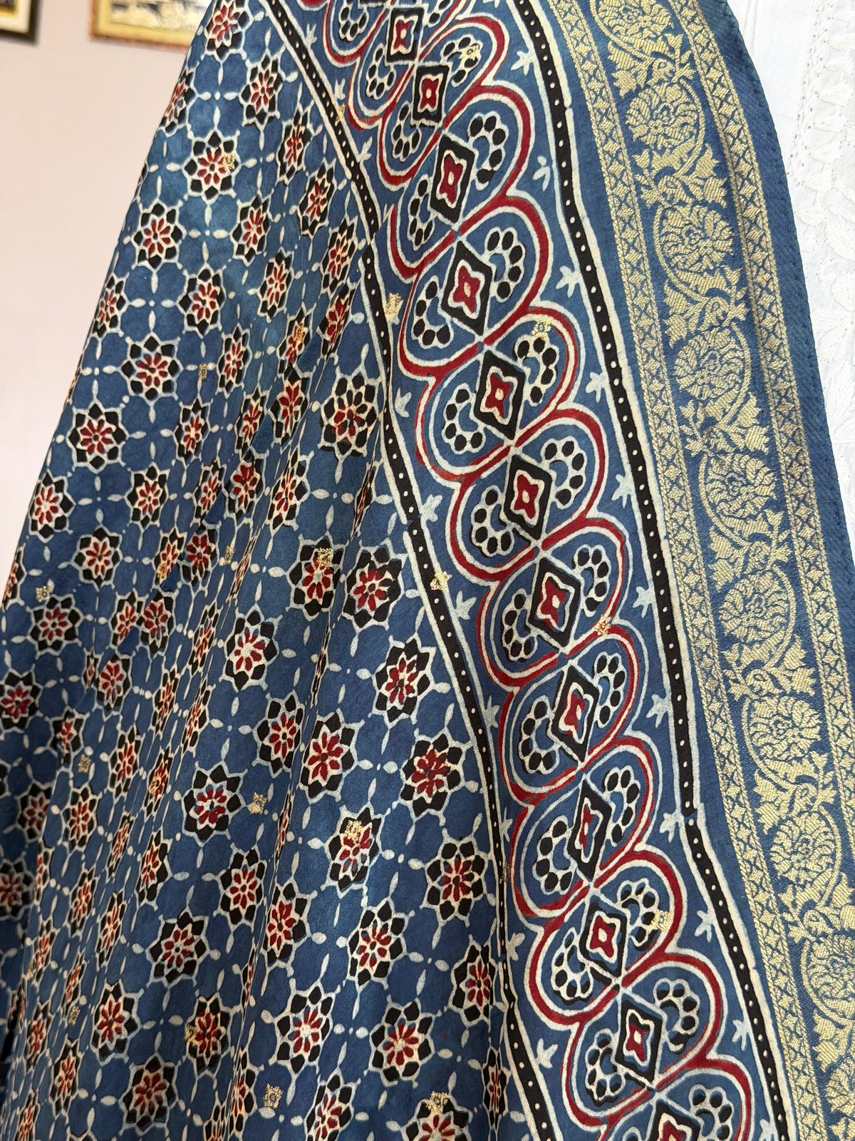 Ajrakh Dola Silk Dupatta With Zari Weaved Border