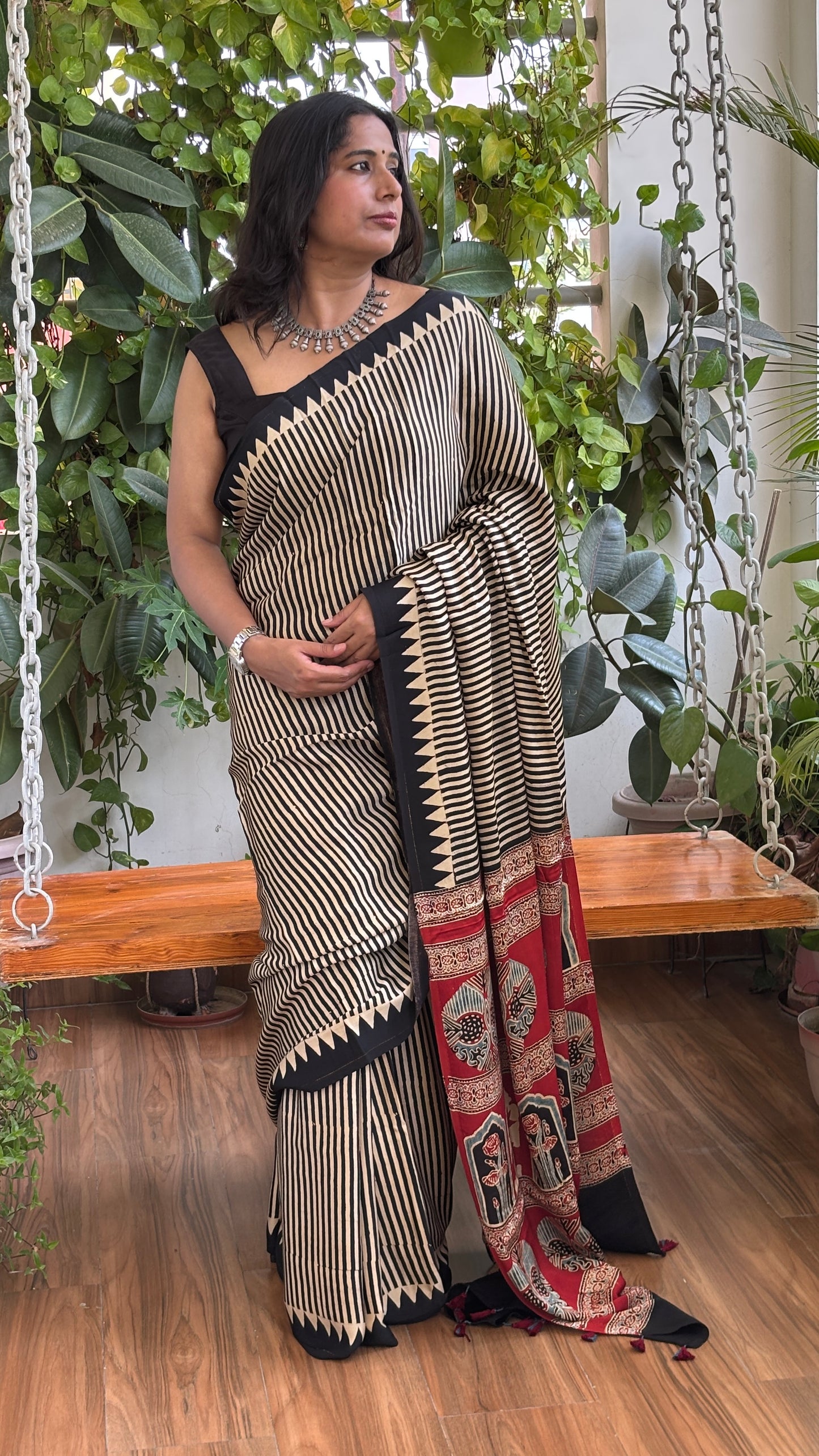 Astha - Natural Dyed Pale Ivory and Black Stripe Contemporary Saree with Contrast Palla
