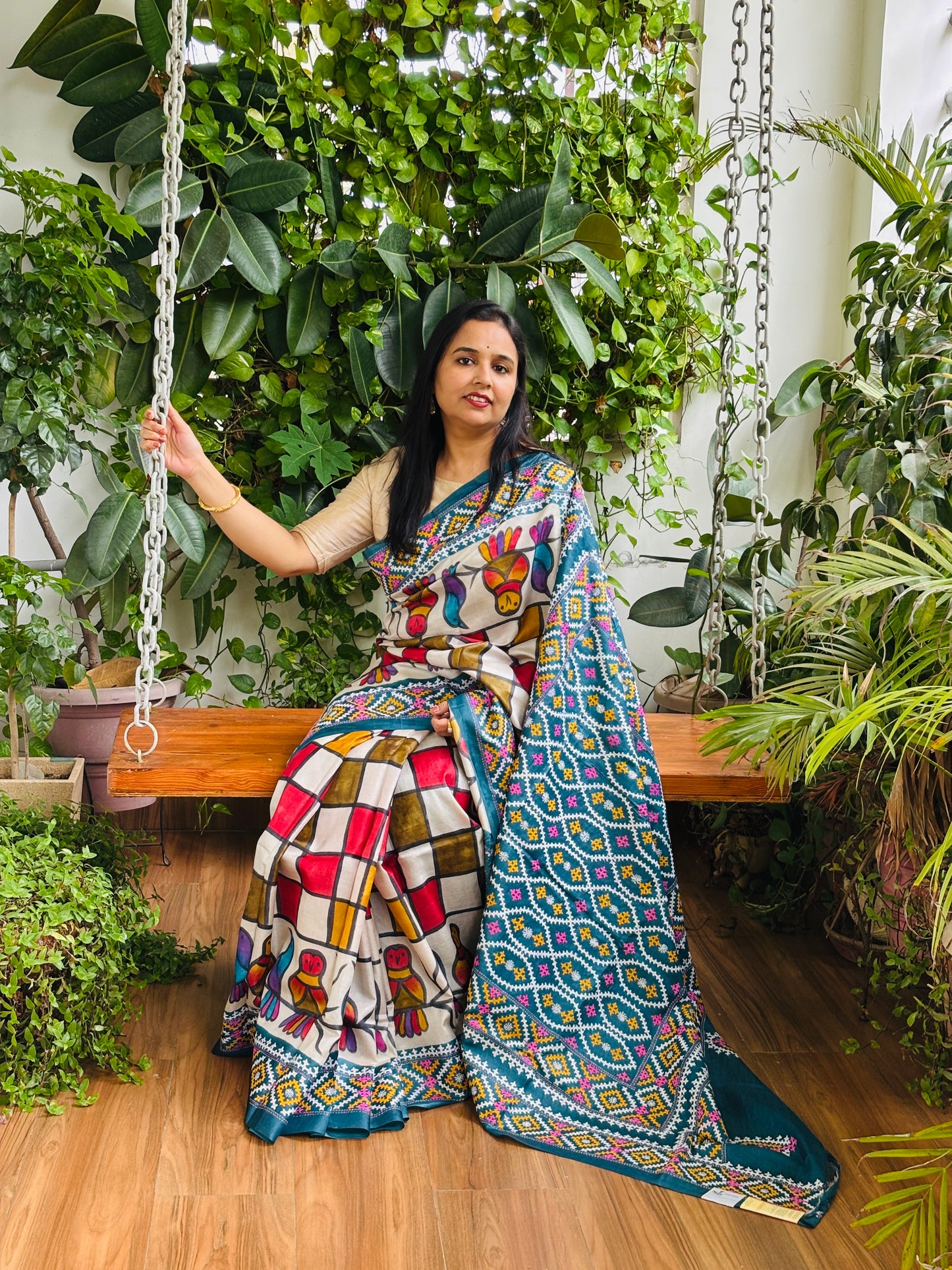 Gujarati Hand Embroidered Pure Tussar Silk Saree With Contemporary Hand Paint