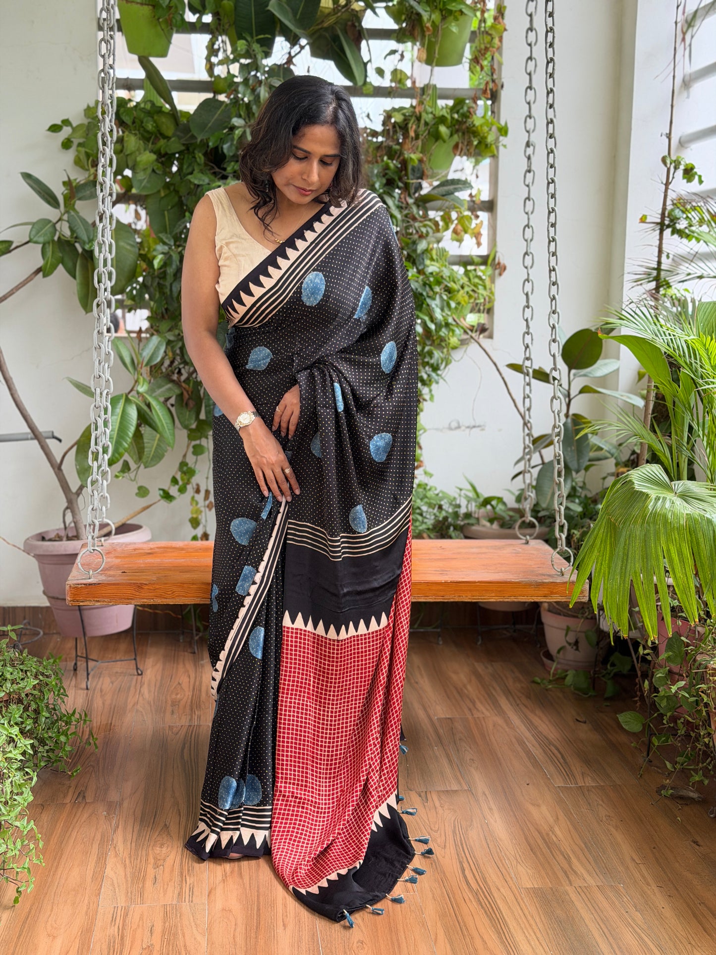 Ajrakh Modal Black and Indigo Contemporary Saree