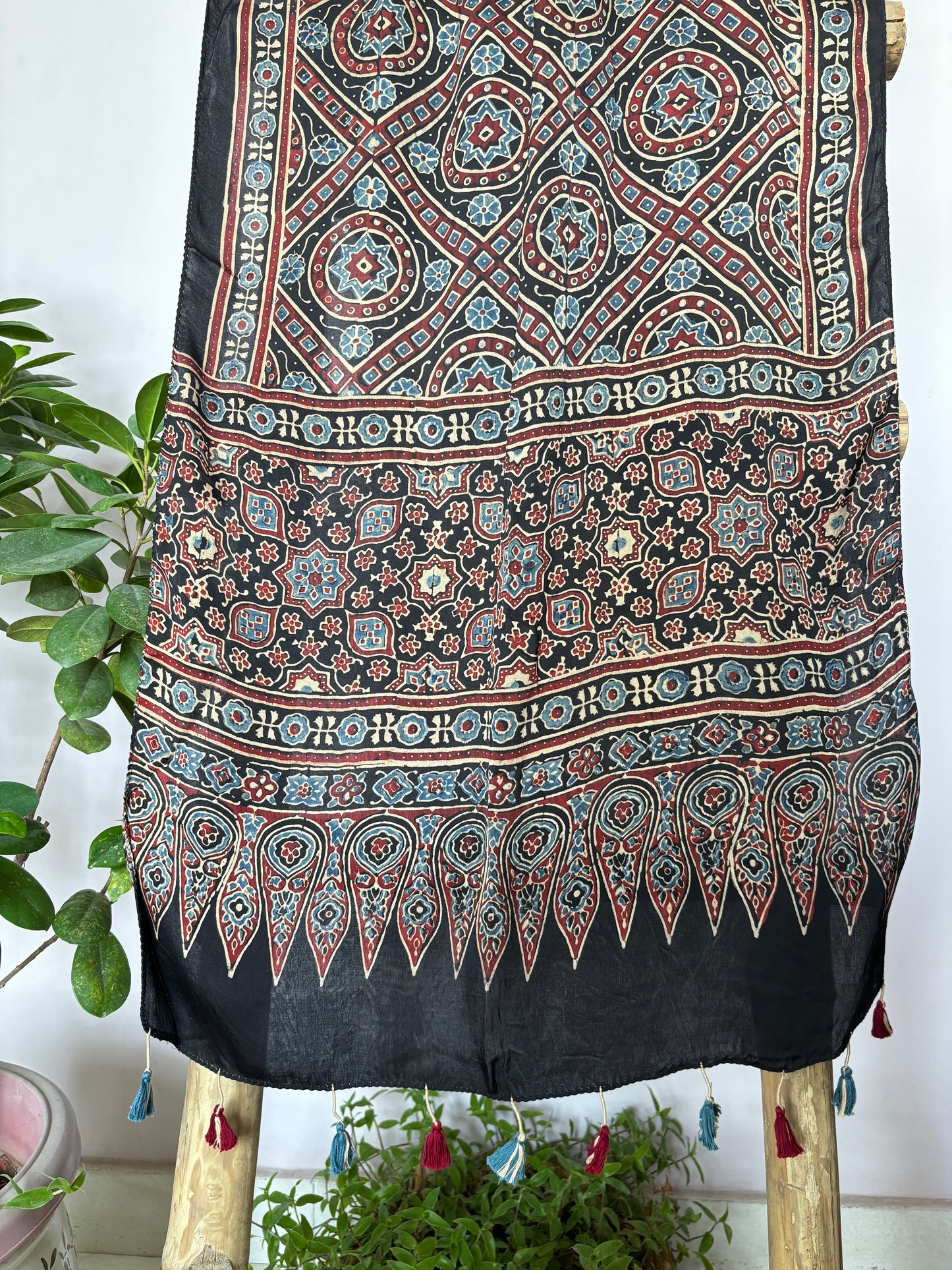 Ajrakh Stole- Natural Dyed Black and madder Colour Big Diamond Pattern Stole