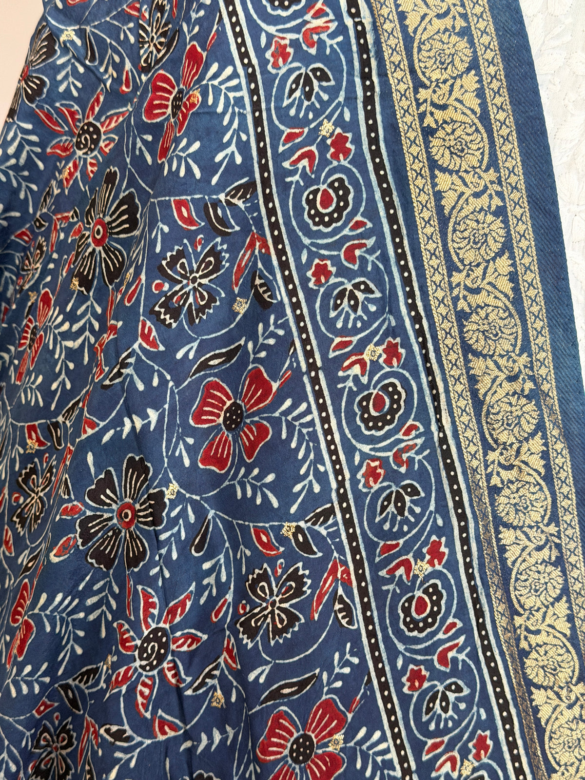 Ajrakh Dola Silk Dupatta With Zari Weaved Border