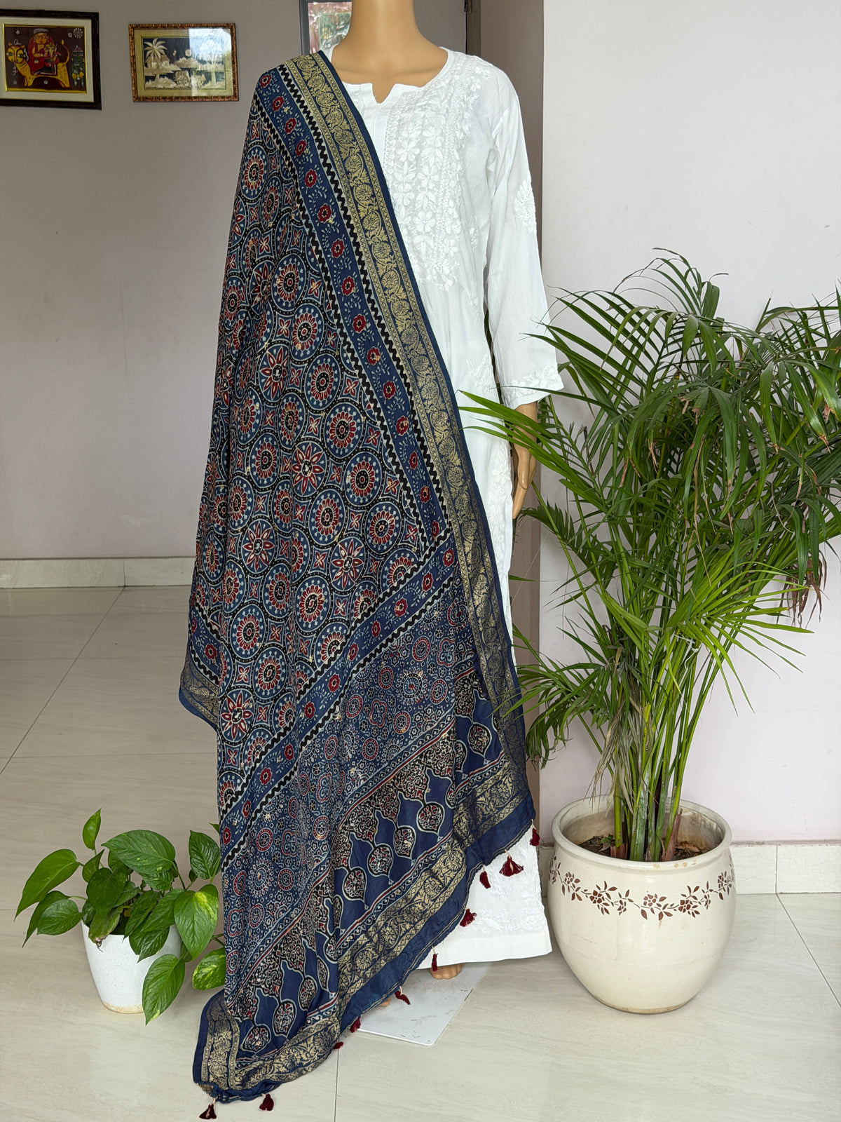 Ajrakh Dola Silk Dupatta With Zari Weaved Border