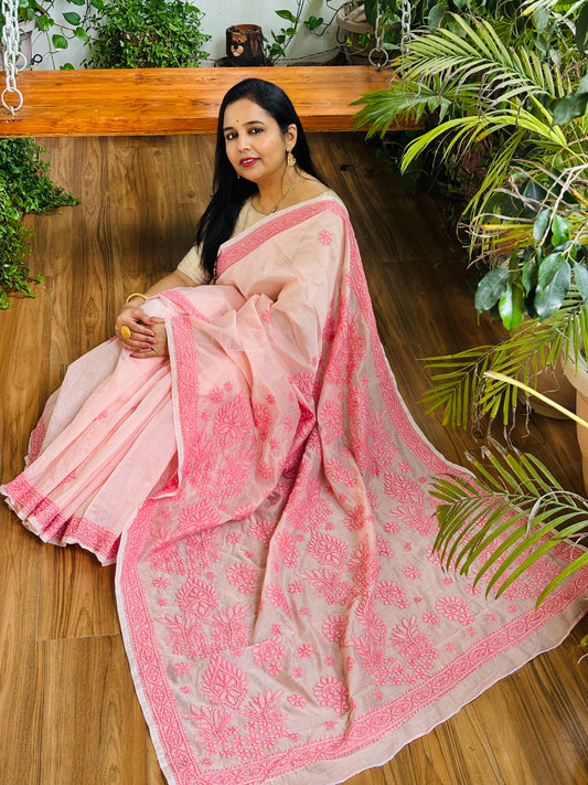 Pink Light Chrushed Candri Cotton Chikankari Hand Embroidered Saree