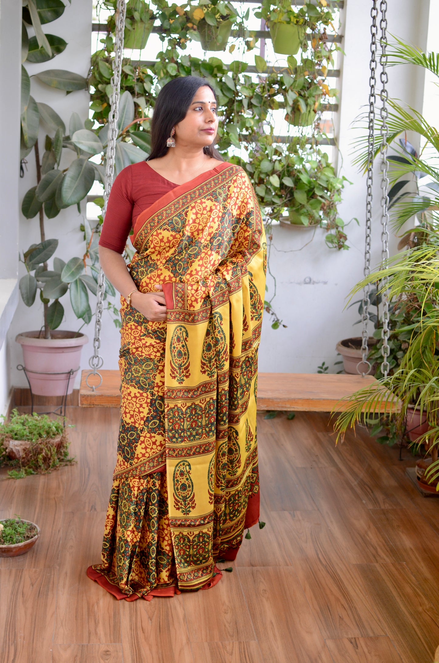 Shagun (Natural Dyed Yellow, Green and Madder Colour Ajrakh Motif Pure Modal Saree)